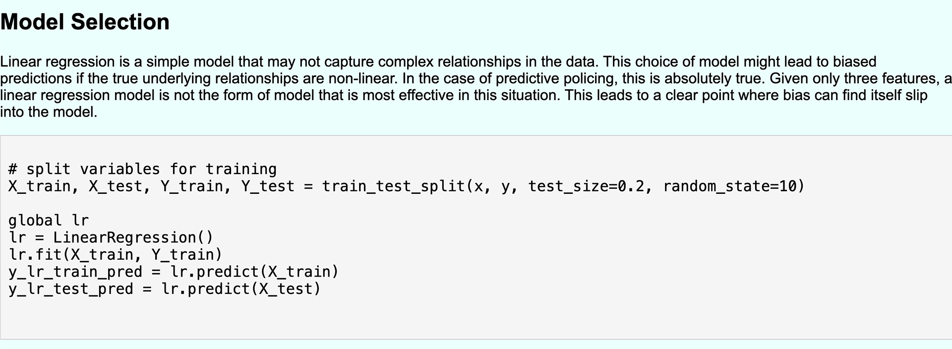 Screenshot of a code snippet and analysis of that code. The code chooses an AI training model and the caption describes the issues related to the choice of a problematic model