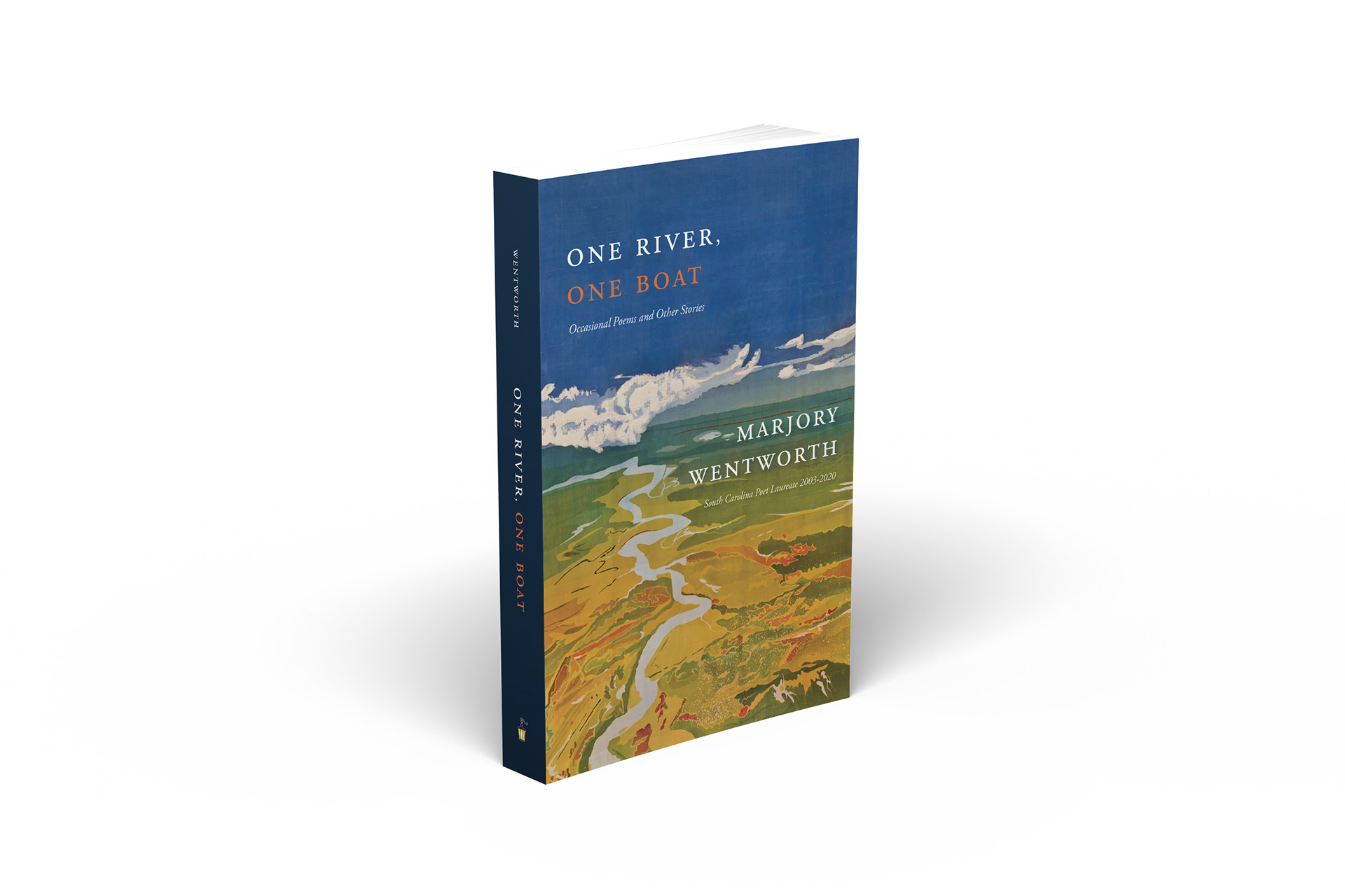 Custom poetry book cover design for "One River, One Boat" by Marjory Wentworth, featuring silk batik artwork of the South Carolina Lowcountry by artist Mary Edna Fraser—designed by book designer Wesley Strickland.