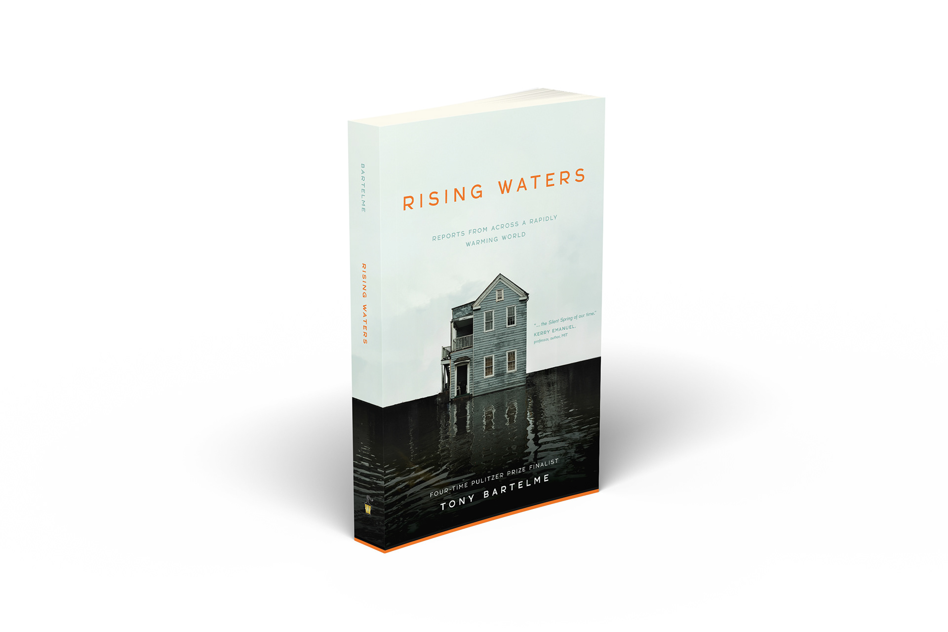 "Rising Waters" book cover design by Wesley Strickland — climate change nonfiction by Tony Bartelme, featuring a photograph of a flooded coastal house. Professional book cover design services for authors and publishers.