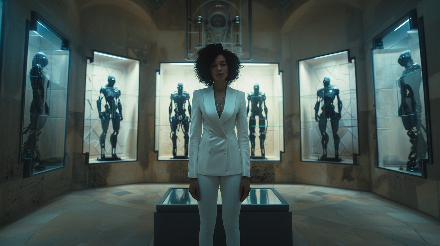 Diana surrounded by practice androids