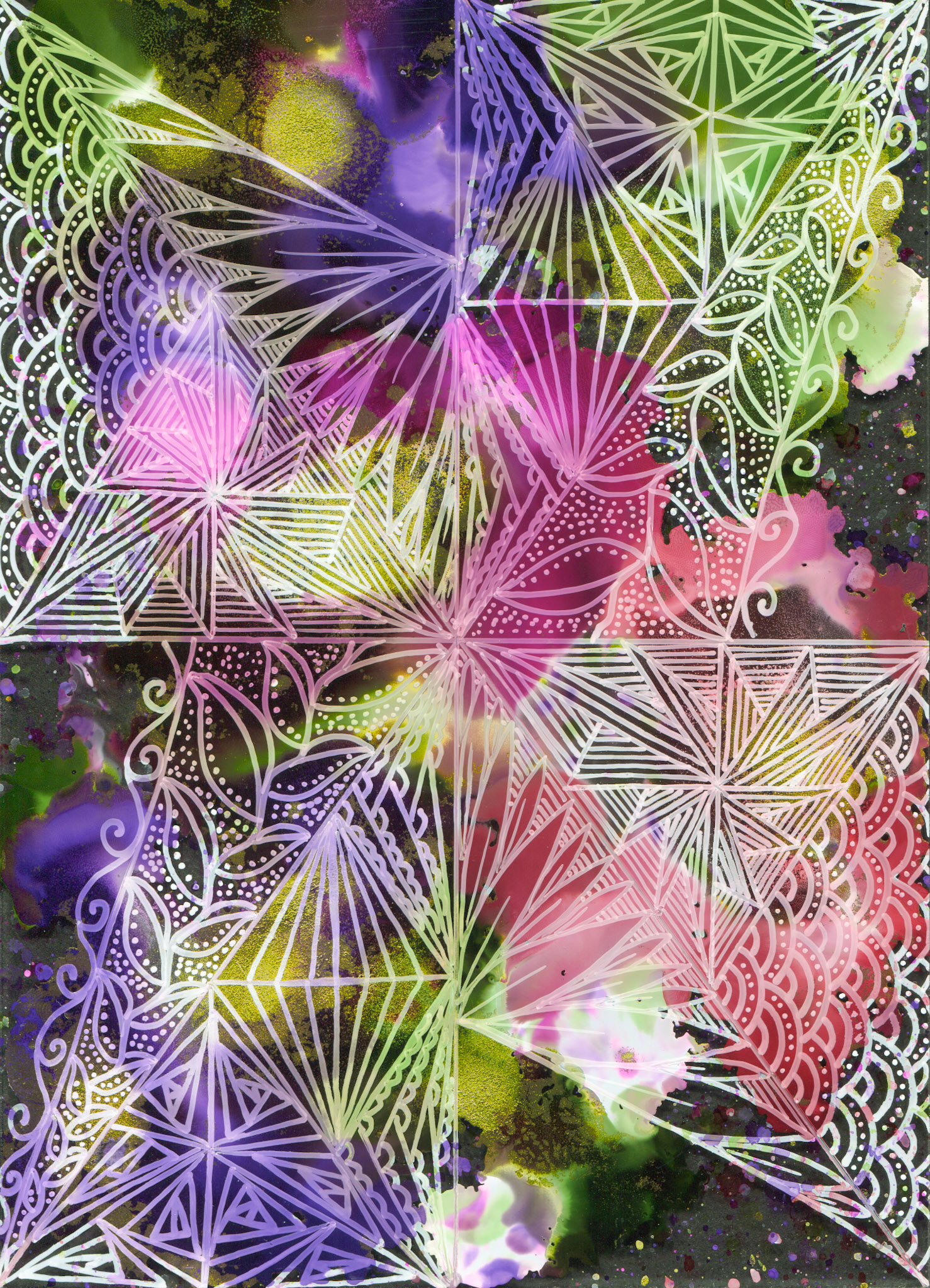 Zentangle III - White Oil Paint Pen + Alcohol Ink on 5"xx7" Glass Pane