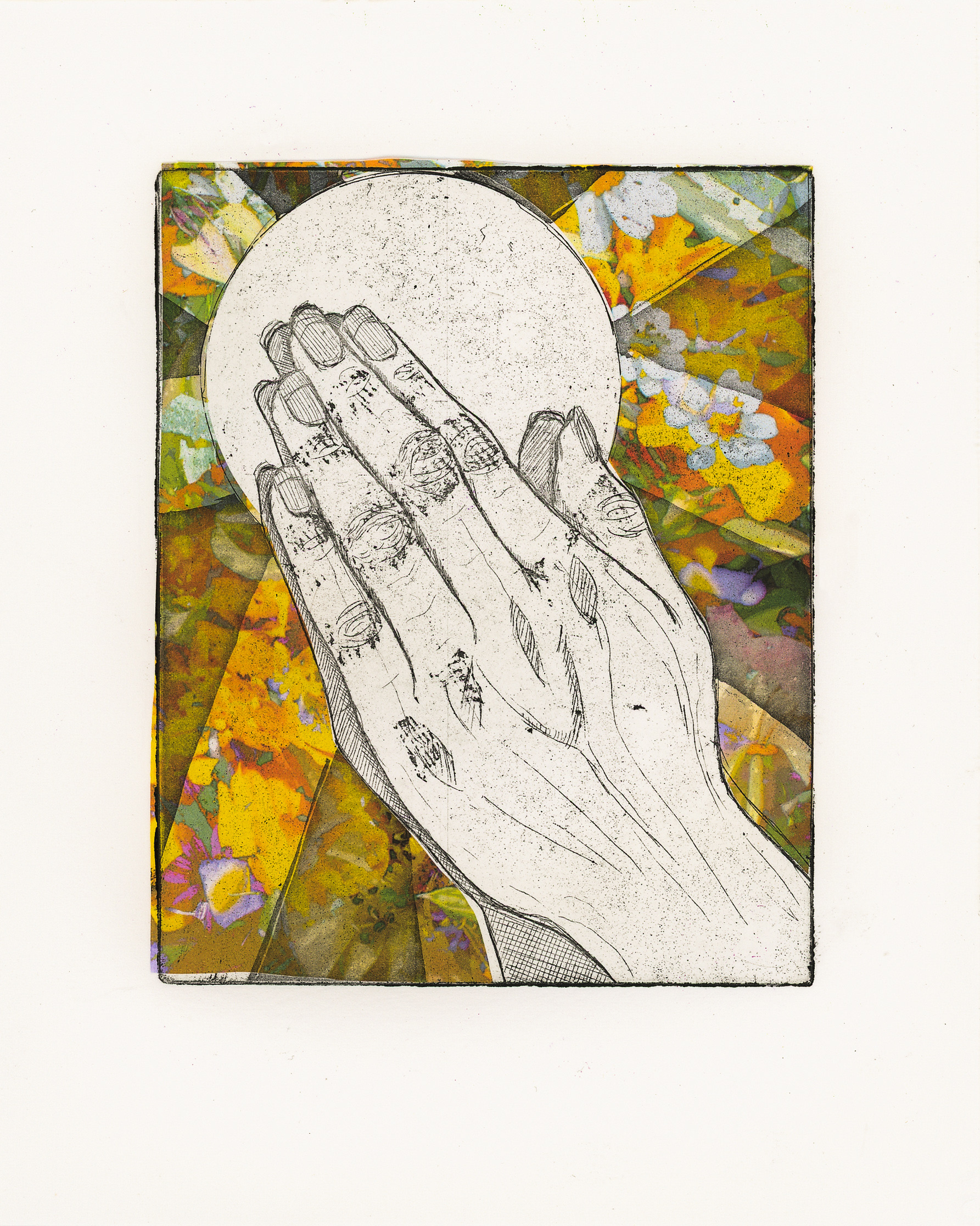 "Pleading", Copper Plate Etching with Copper Etching Print with Digital Photography Chine-colle, 7" x 8.5", 2022