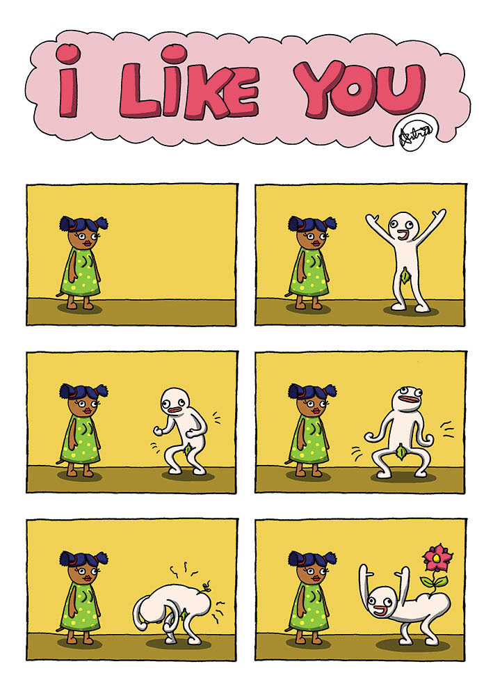 I LIKE YOU, a simplistic comic about a naked man unsuccesfully trying to impress a lady