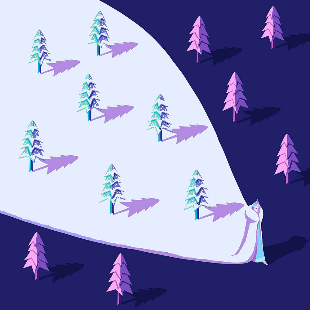 LUMISADE, clean illustration of queen covering landscape of trees in a blanket of snow
