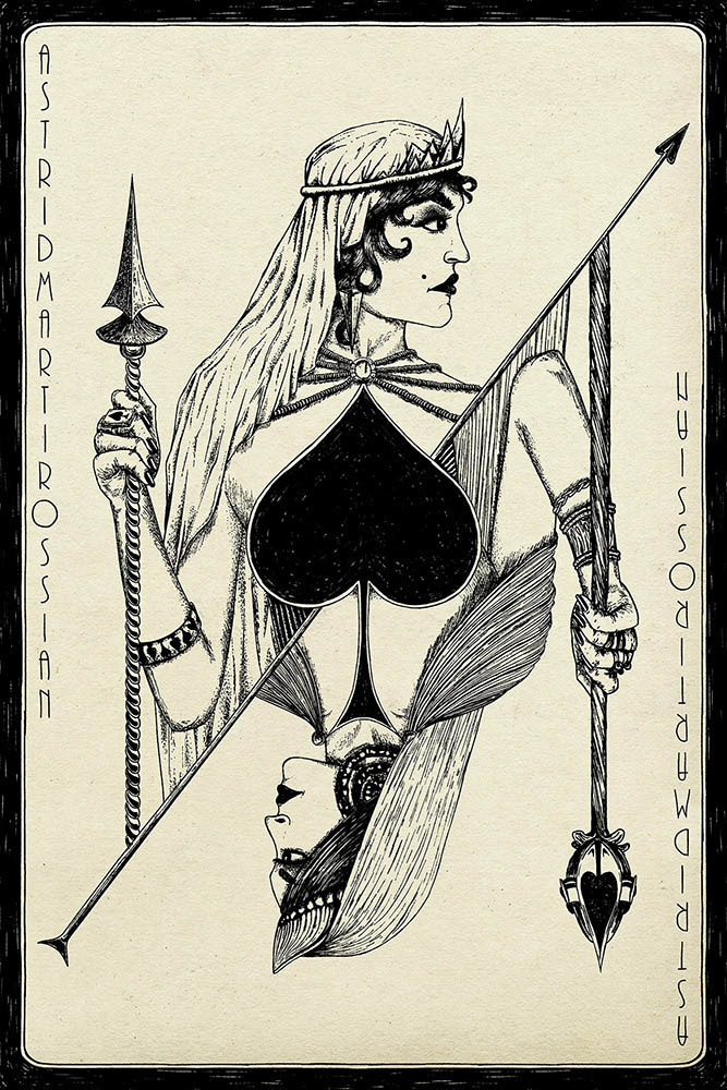 QUEEN OF SPADES, illustration in crosshatch style with the spades as central clothing piece