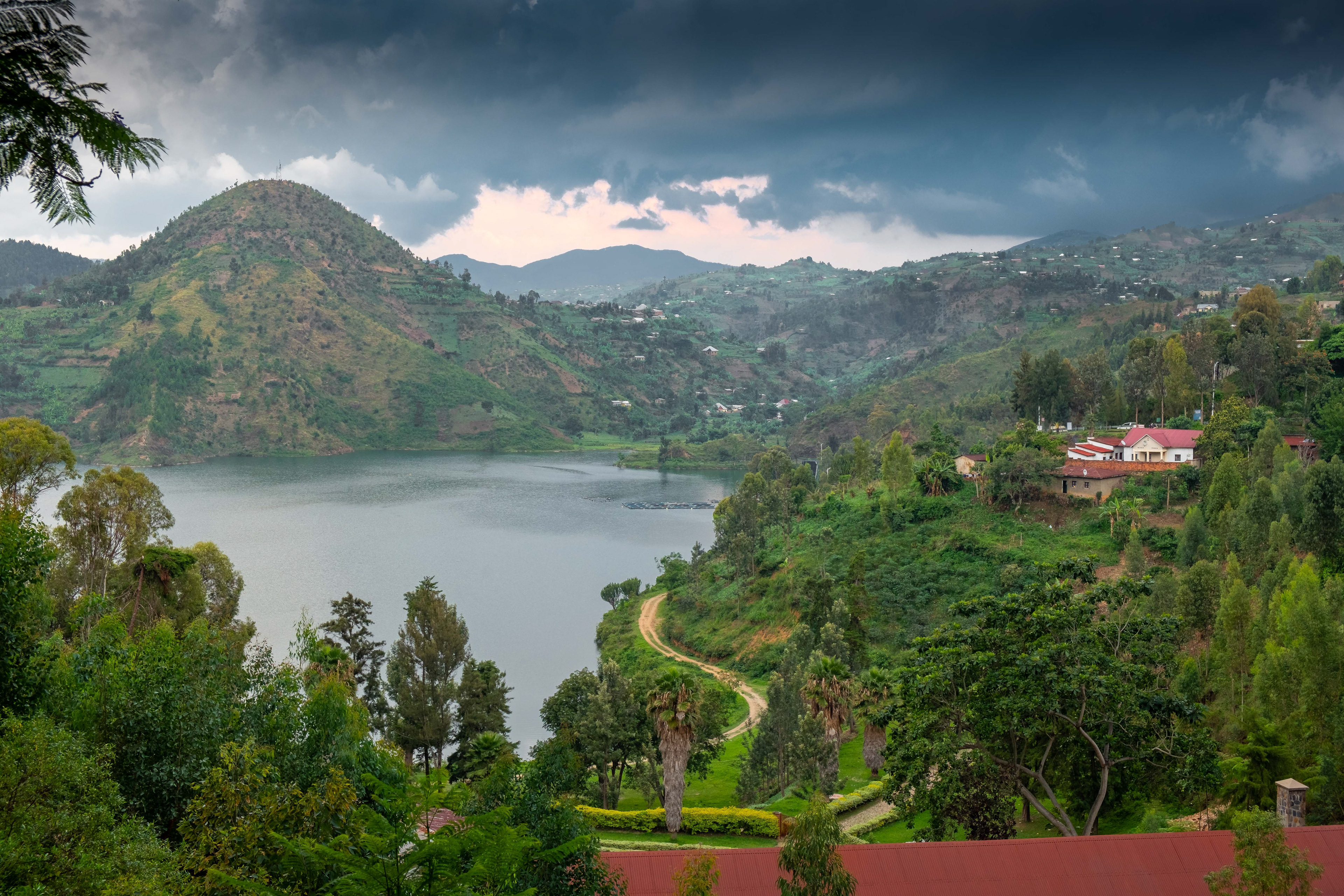 Stormy hills with lake view