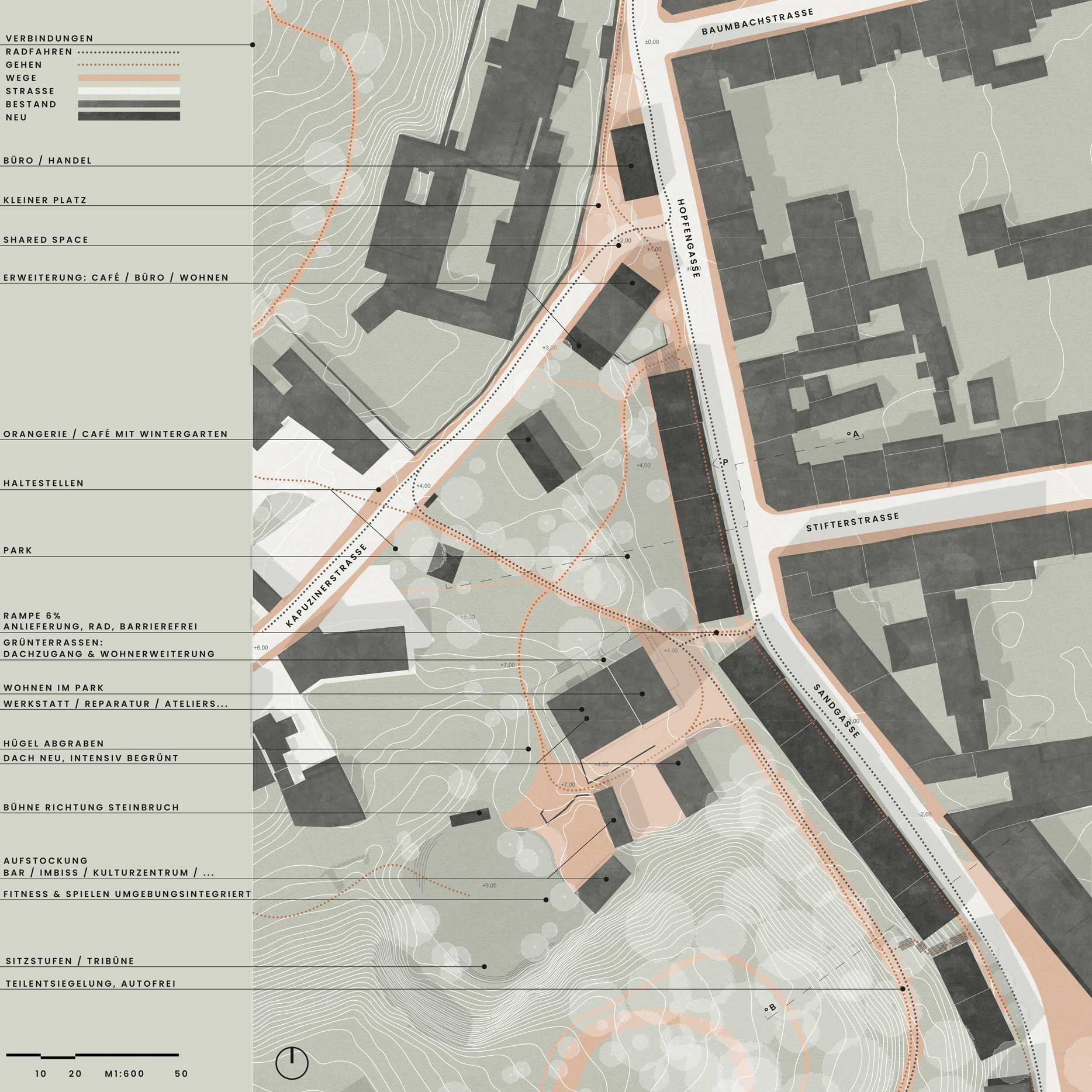 Lageplan des beplanten Gebietes Limonipark. Stadtplanung durch eine definierte "Kante" durch mehrgeschoßige Gebäude, die im Westen einen hier neu ergänzten Park umgrenzen.