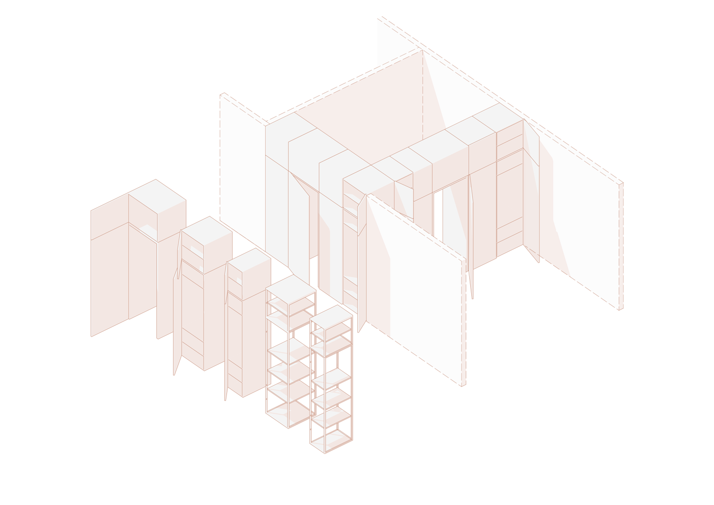 Axonometrie verschiedner Schrankmodule, welche die Räume innerhalb der Wohnungen trennen.