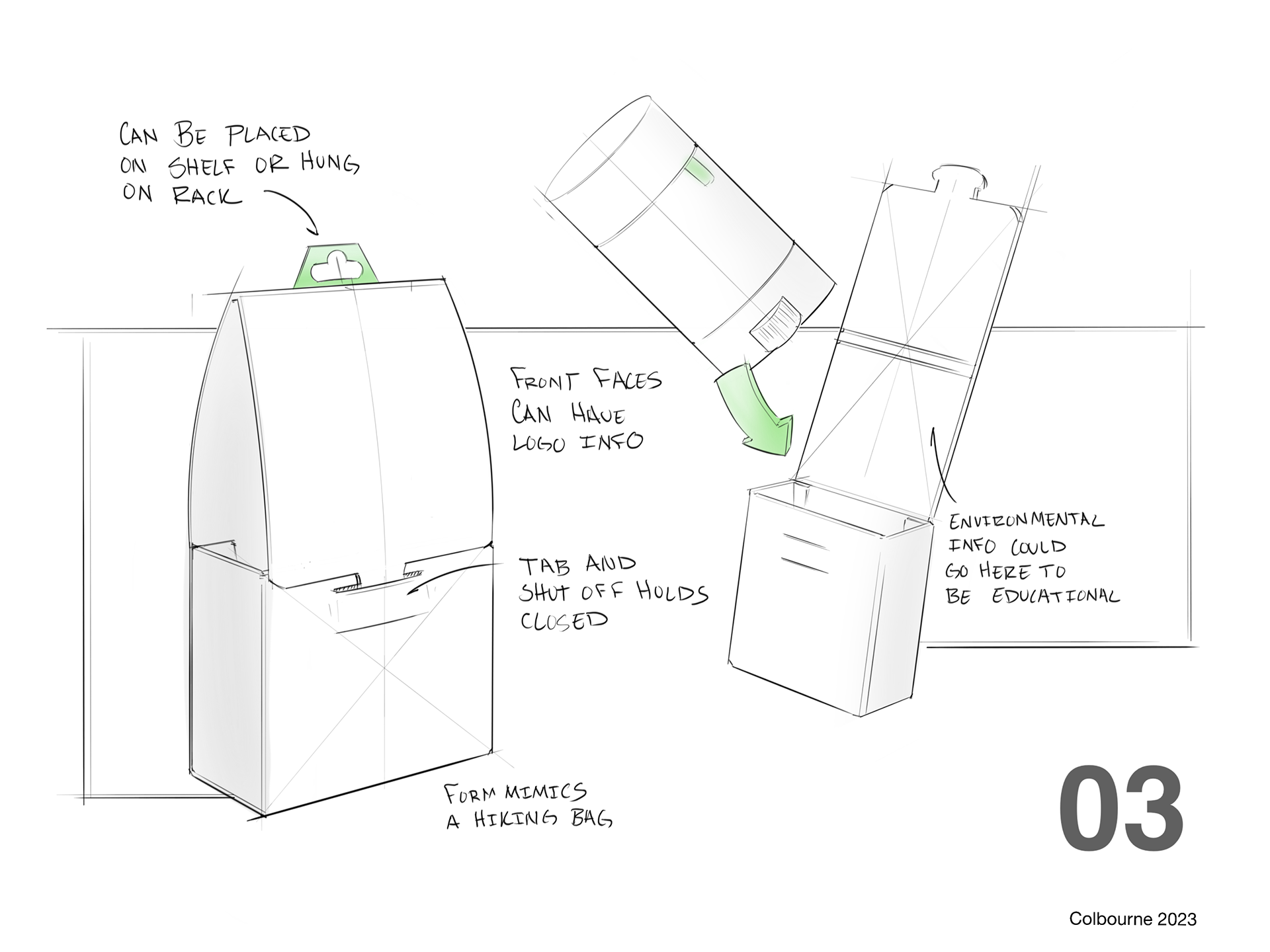 03 was based on a hiking backpack. The idea was to have something that looked outdoorsy and gave space on the packaging to talk about the mission statement of the brand.