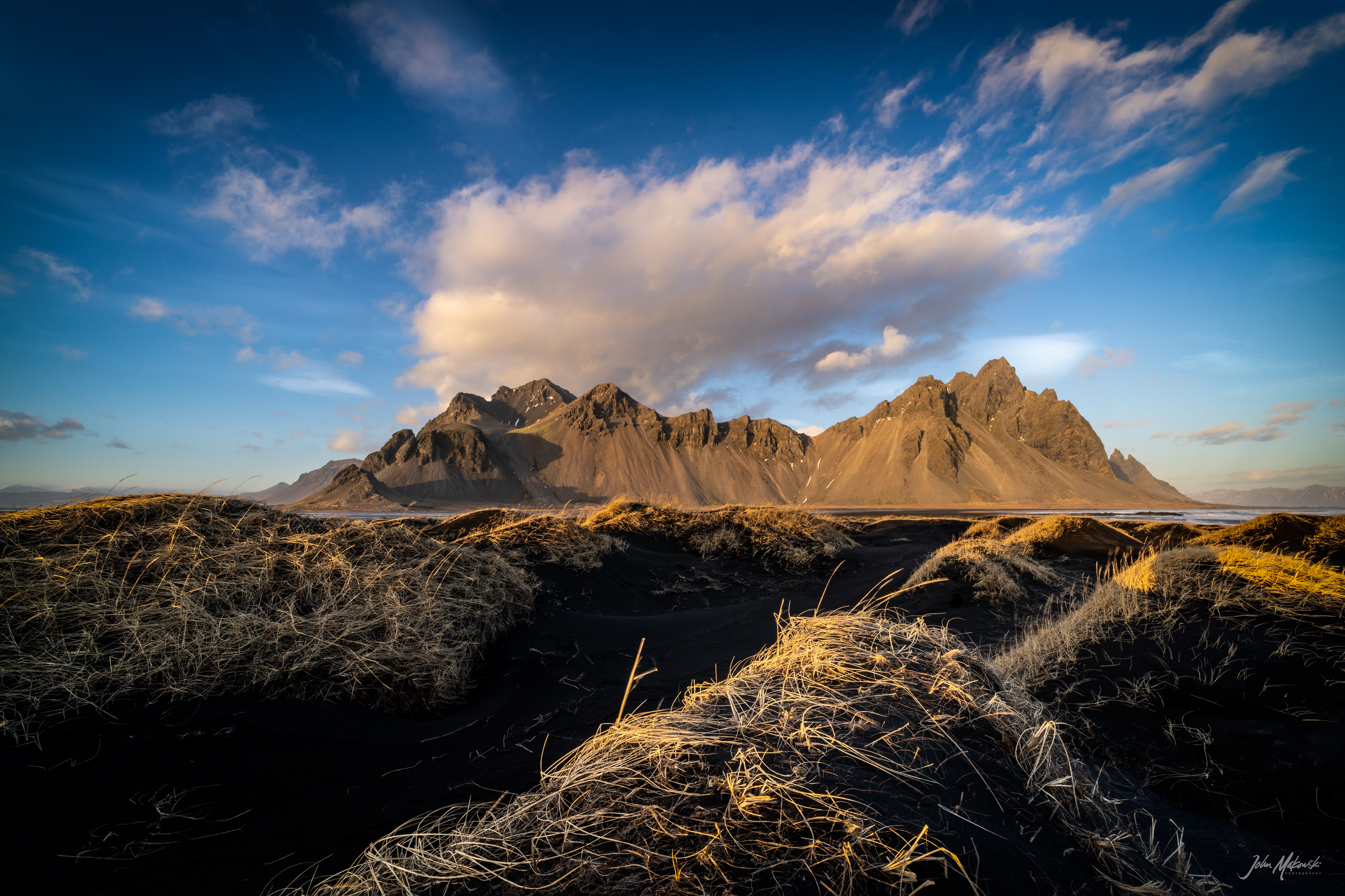 Vestrahorn with black sand dunes in the foreground