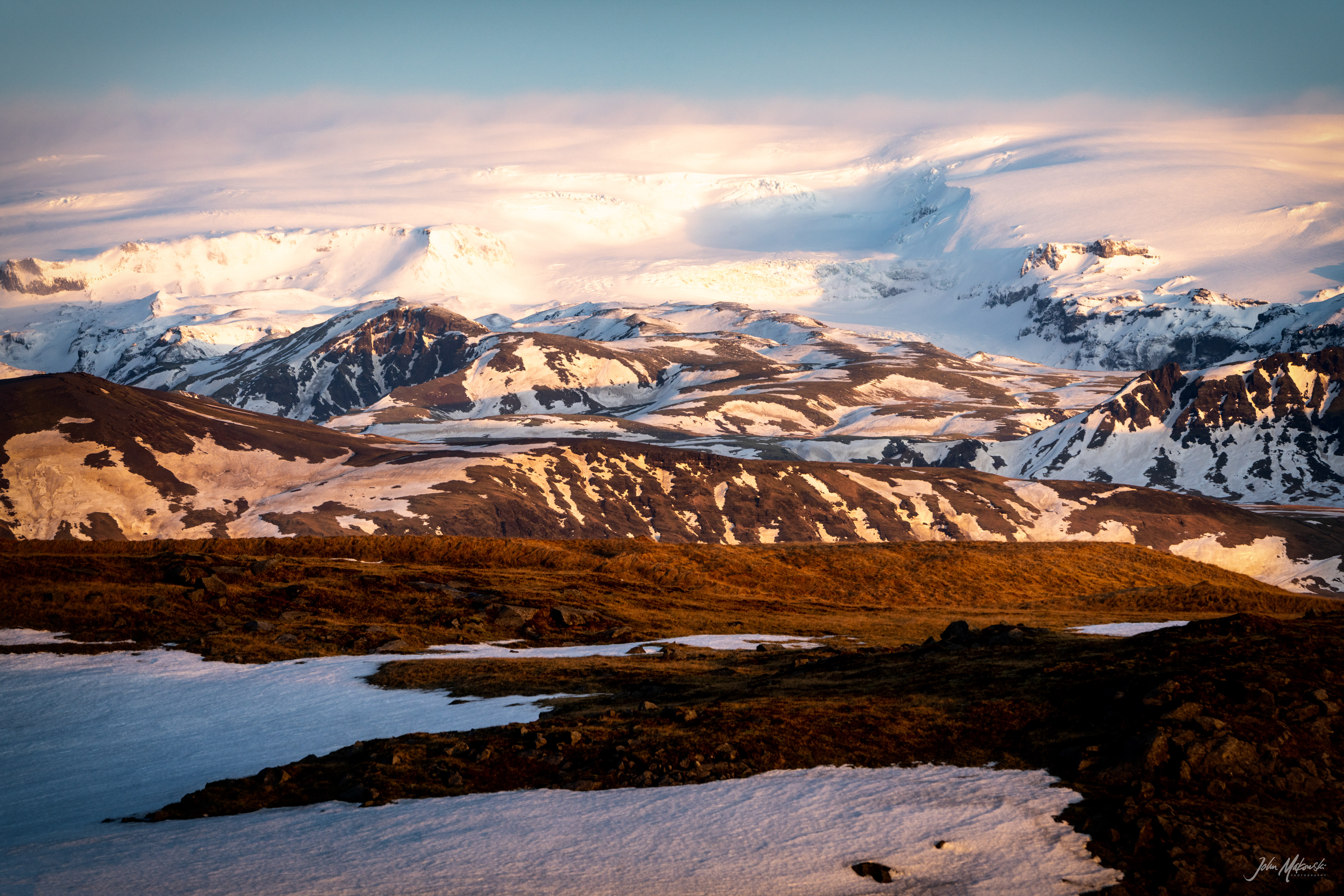 Panorama from Kirkjufjara Beach Overlook and Katla Glacier