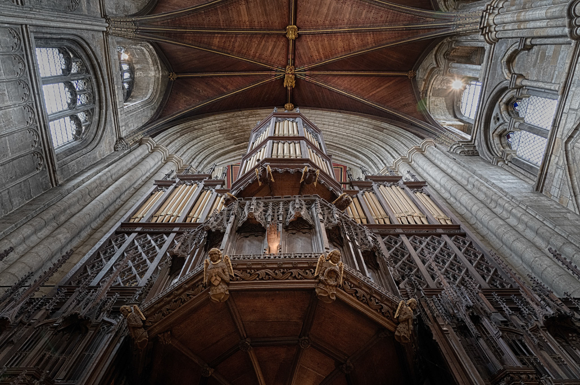 This is an interior shot inside Ripon's medieval cathedral showing the pipes of the cathedral's organ. Shooting upwards, the slight skew ruins the shot for me!