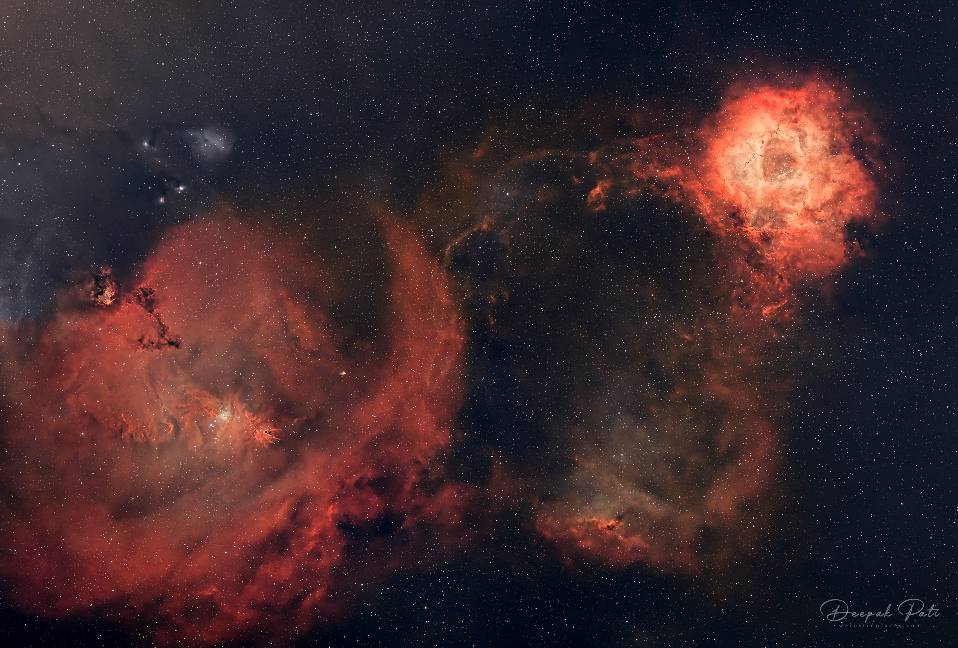 Rosette (NGC 2237) and Fox Fur (NGC 2264) wide view