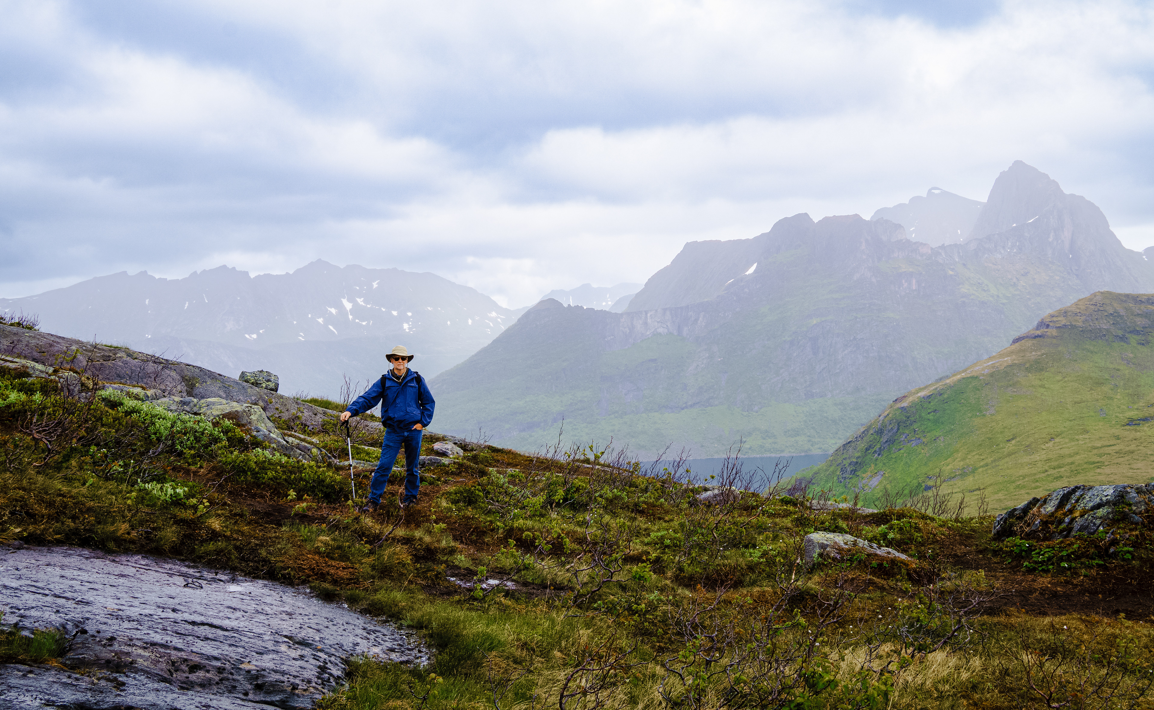 Bob poses in full Nordic safari regalia on a hike in Senja