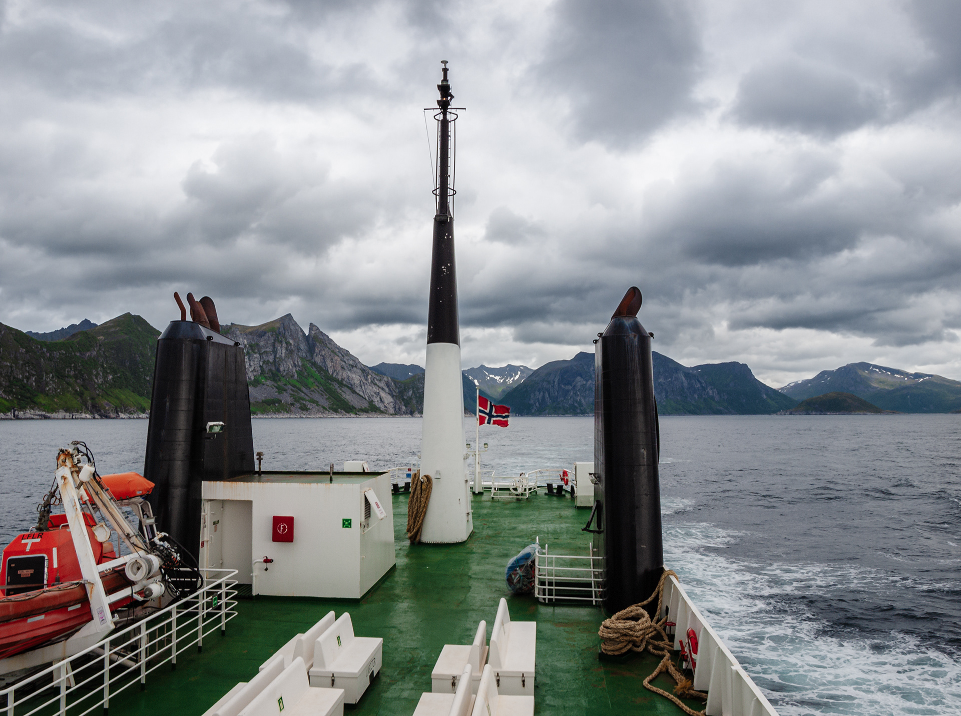 A view looking back from the ferry to the Lofoten archipelago