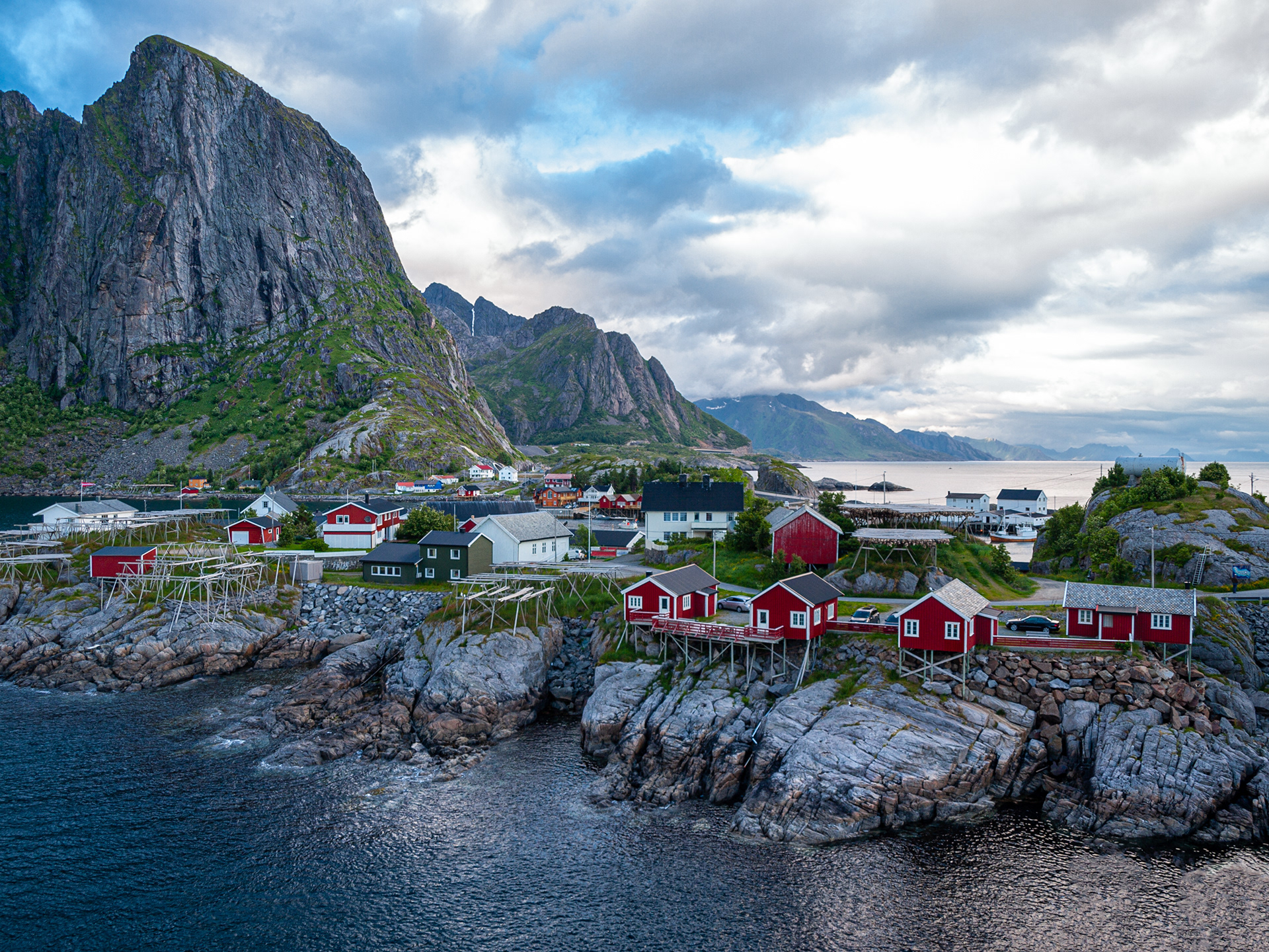 Massive jagged peaks are visible behind Eliassen Rorbuer, which served as our lodging while visiting Reine, Lofoten