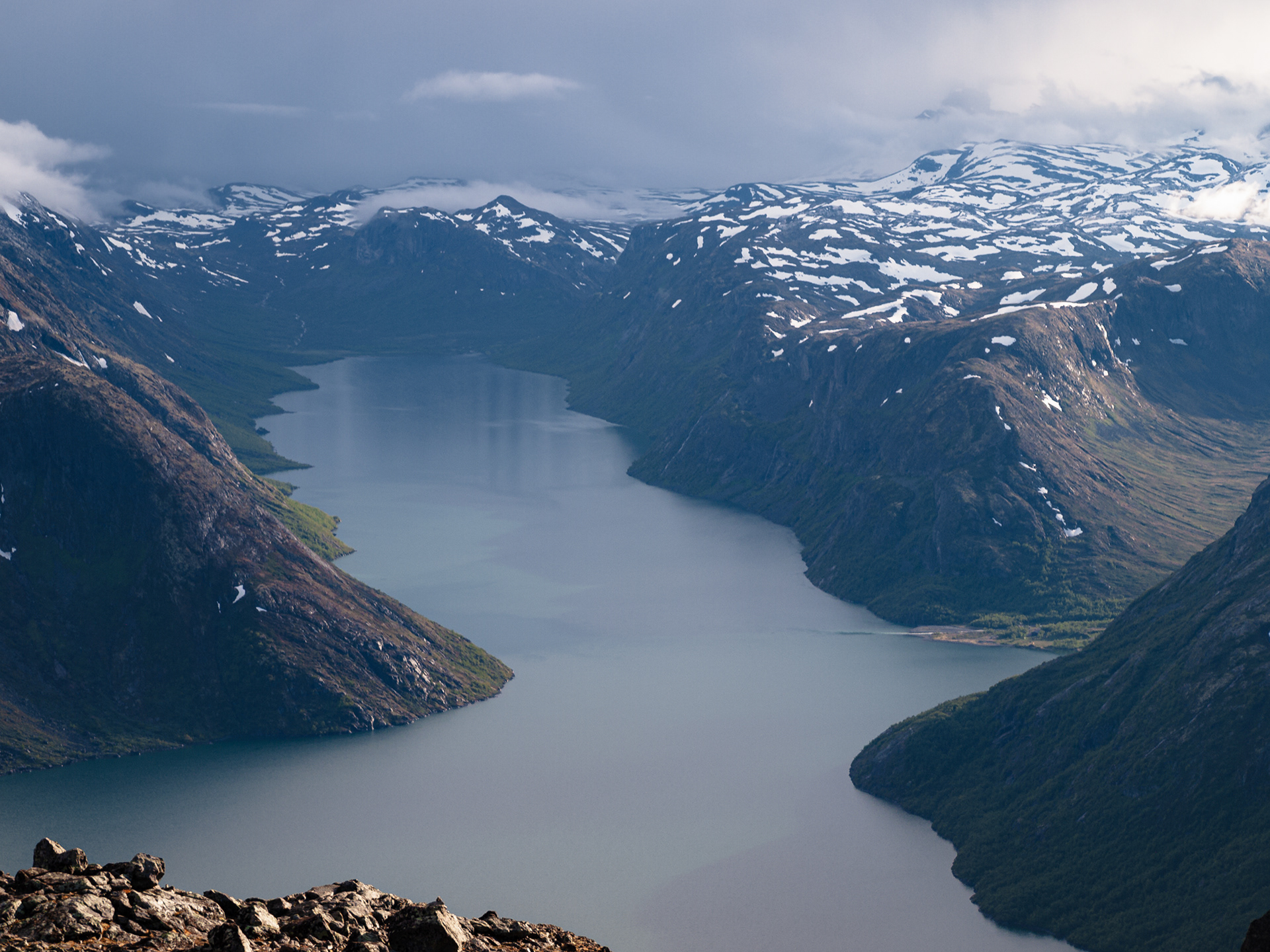 An incredible view of a distant fjord along the Besseggen Ridge Trail