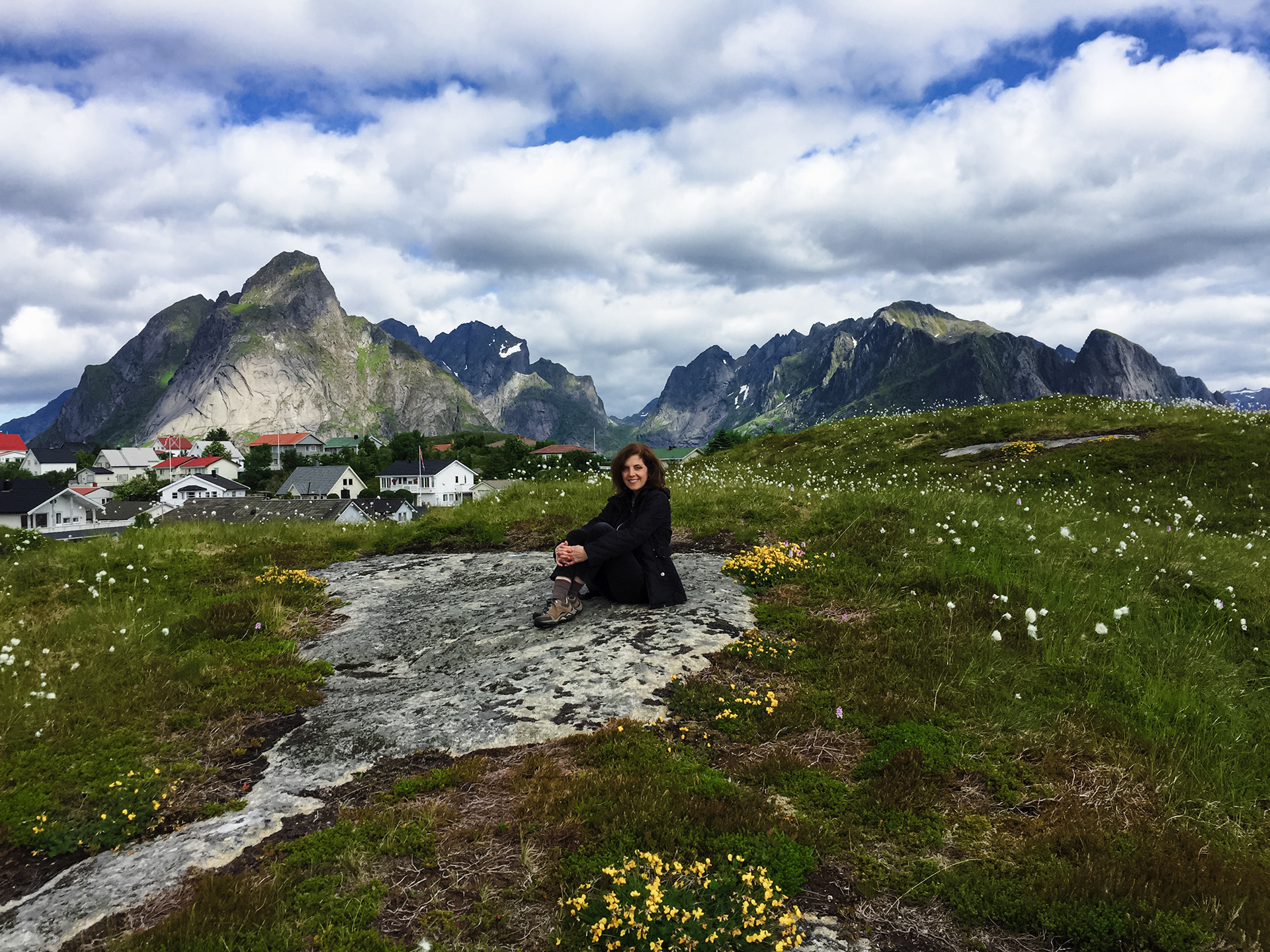 Paula, the famous wildflower photographer, enjoying the natural beauty of Lofoten