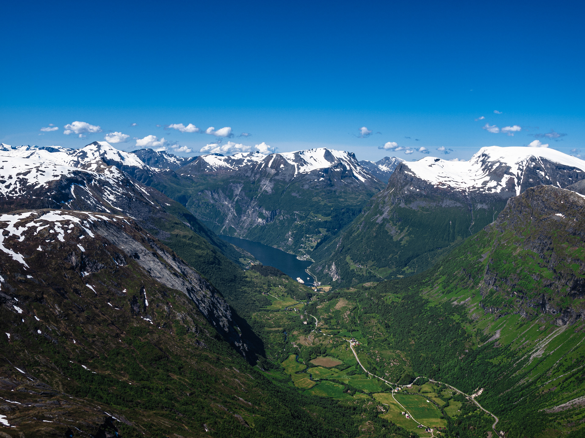 A view looking down into Geirangerfjord within Møre og Romsdal county in northwestern Norway