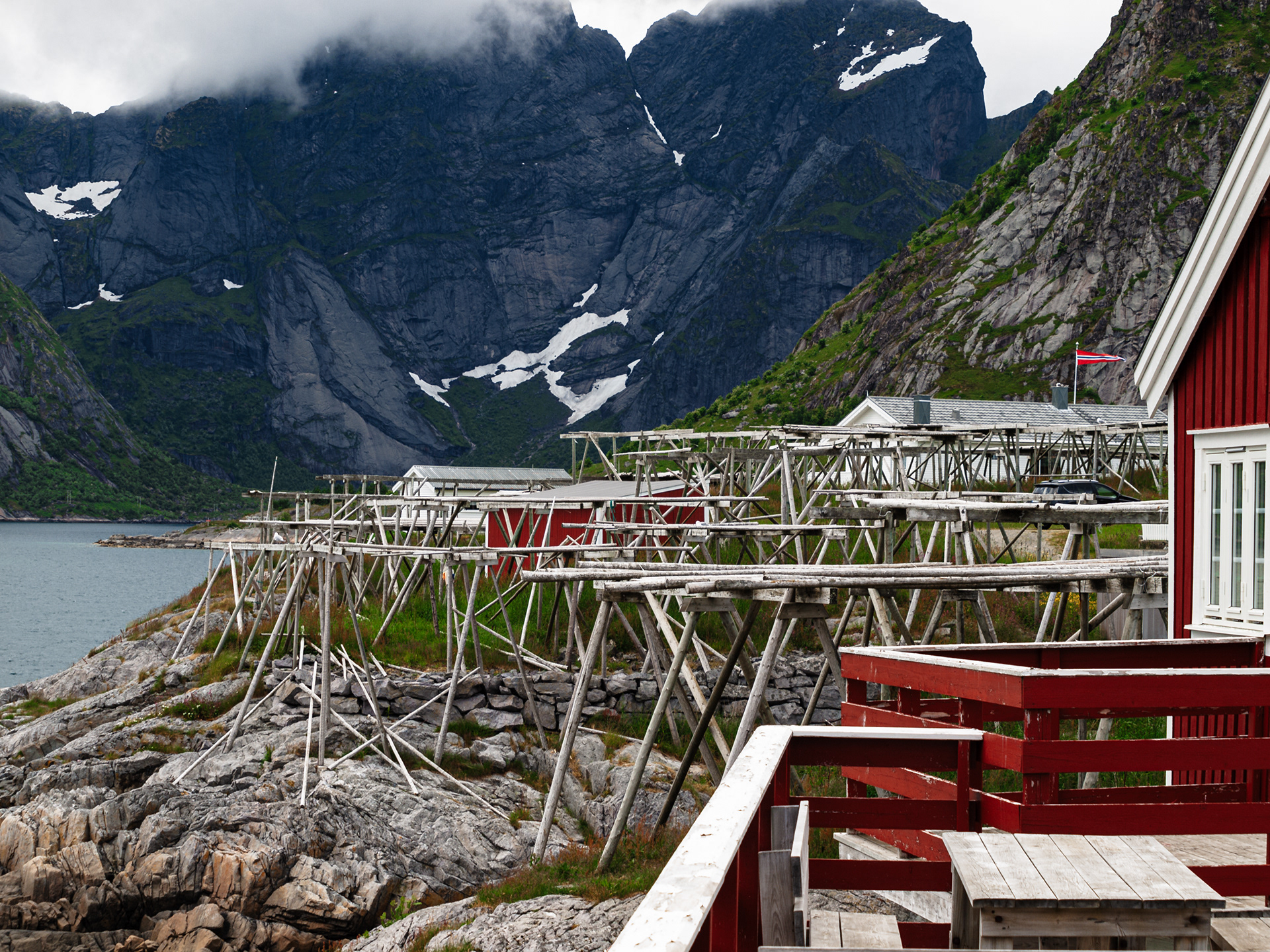 Drying racks for cod fish stand empty near several rorbuer in Reine