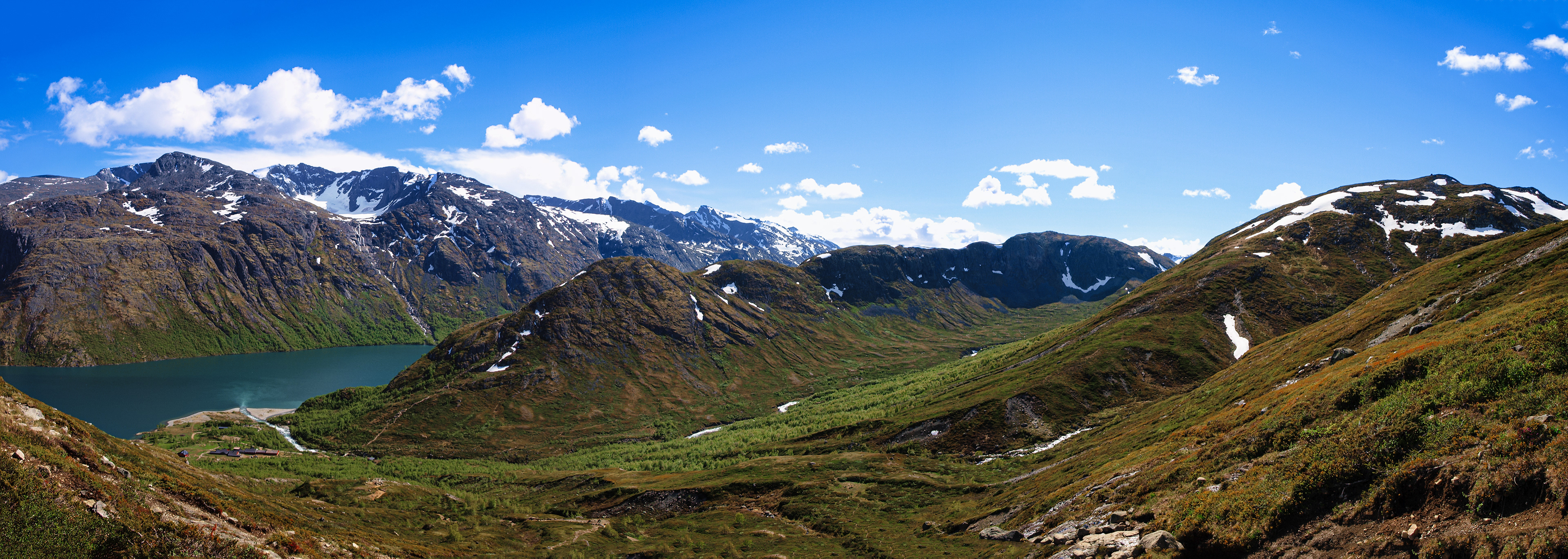 Looking back towards the ferry landing we just hiked up from, along the Besseggen Ridge Trail in Jotunheimen Nasjonalpark