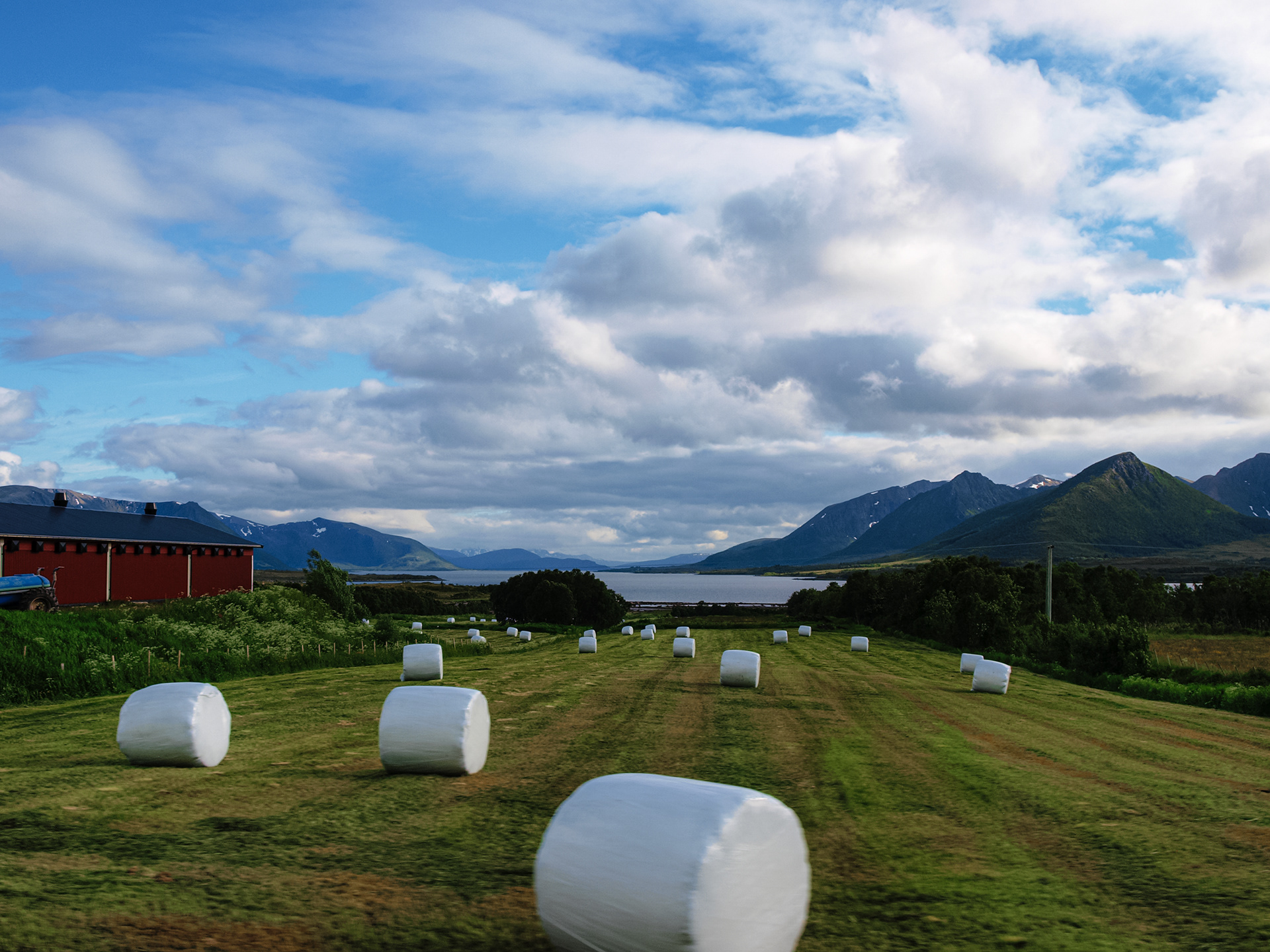Hay bales are visible from the winding Lofoten road