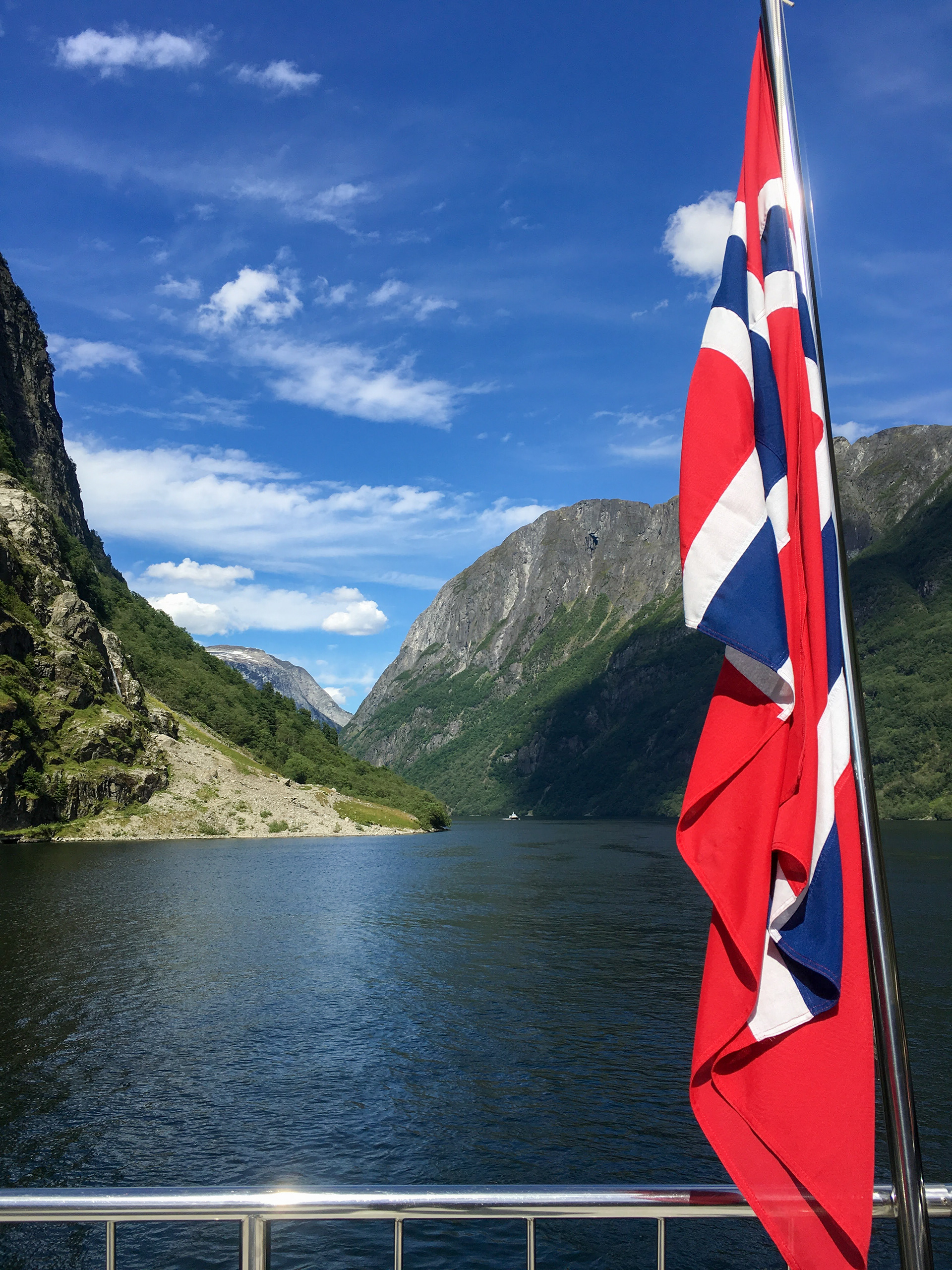 A view of fjords from the deck of a ferry cruise from Bergen