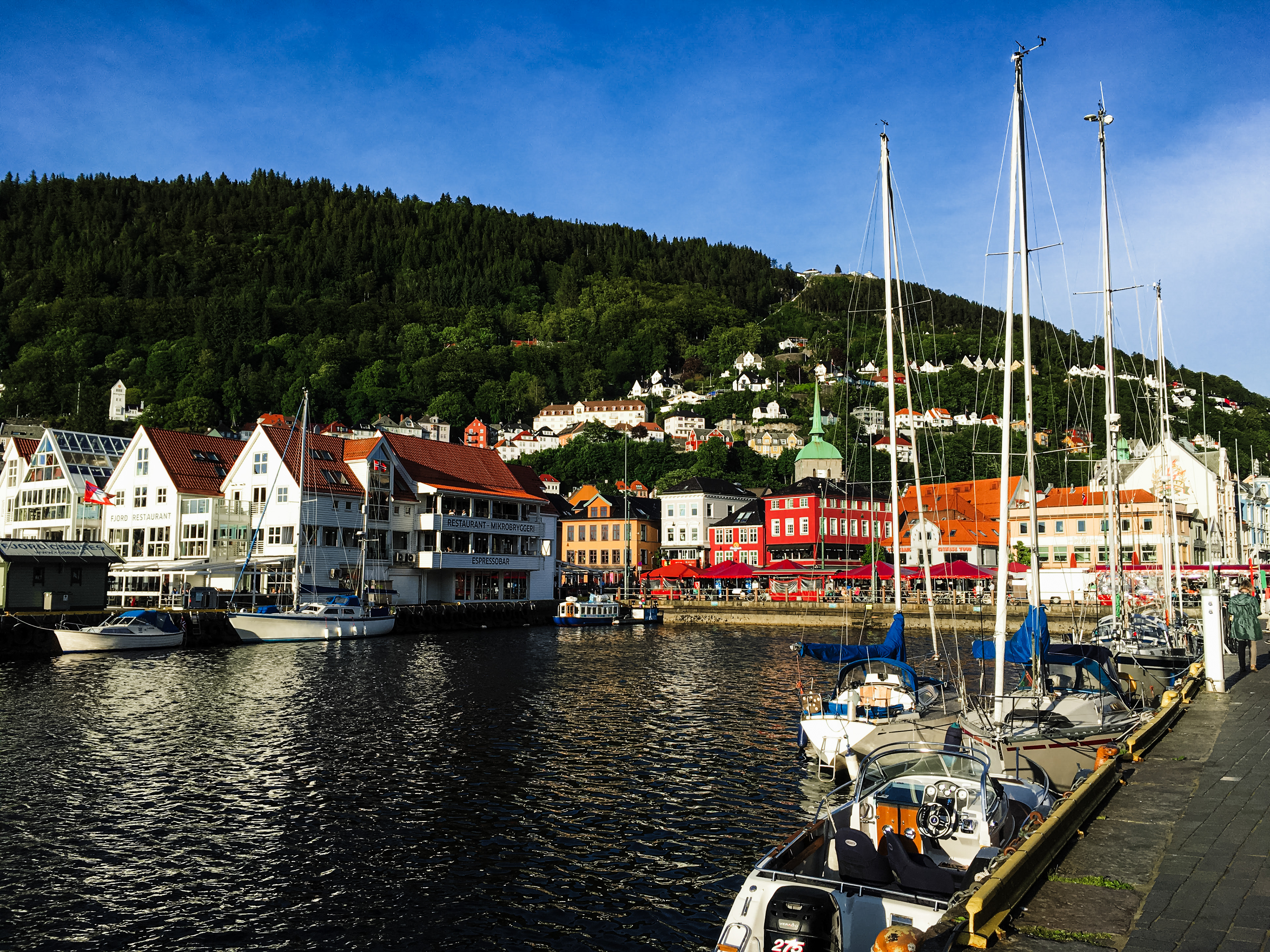 Sailboats docked near the picturesque buildings at the water's edge in Bergen