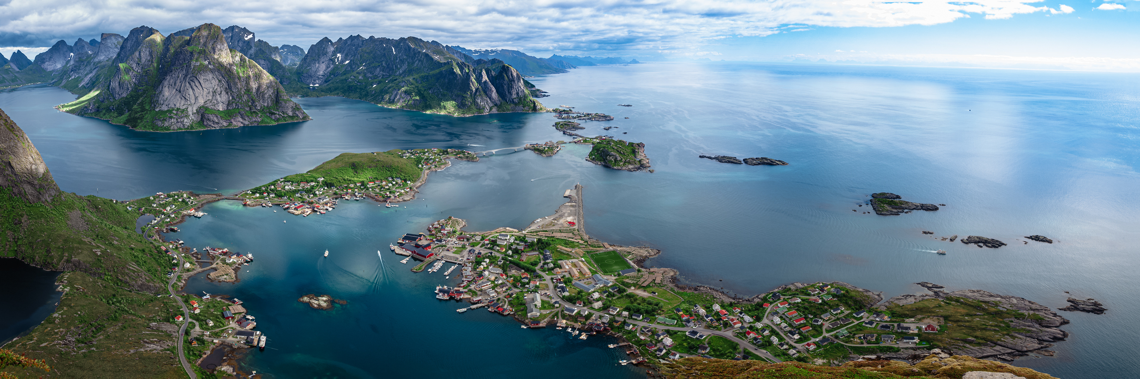 Looking down on Reine in Lofoten from the top of a nearby mountain