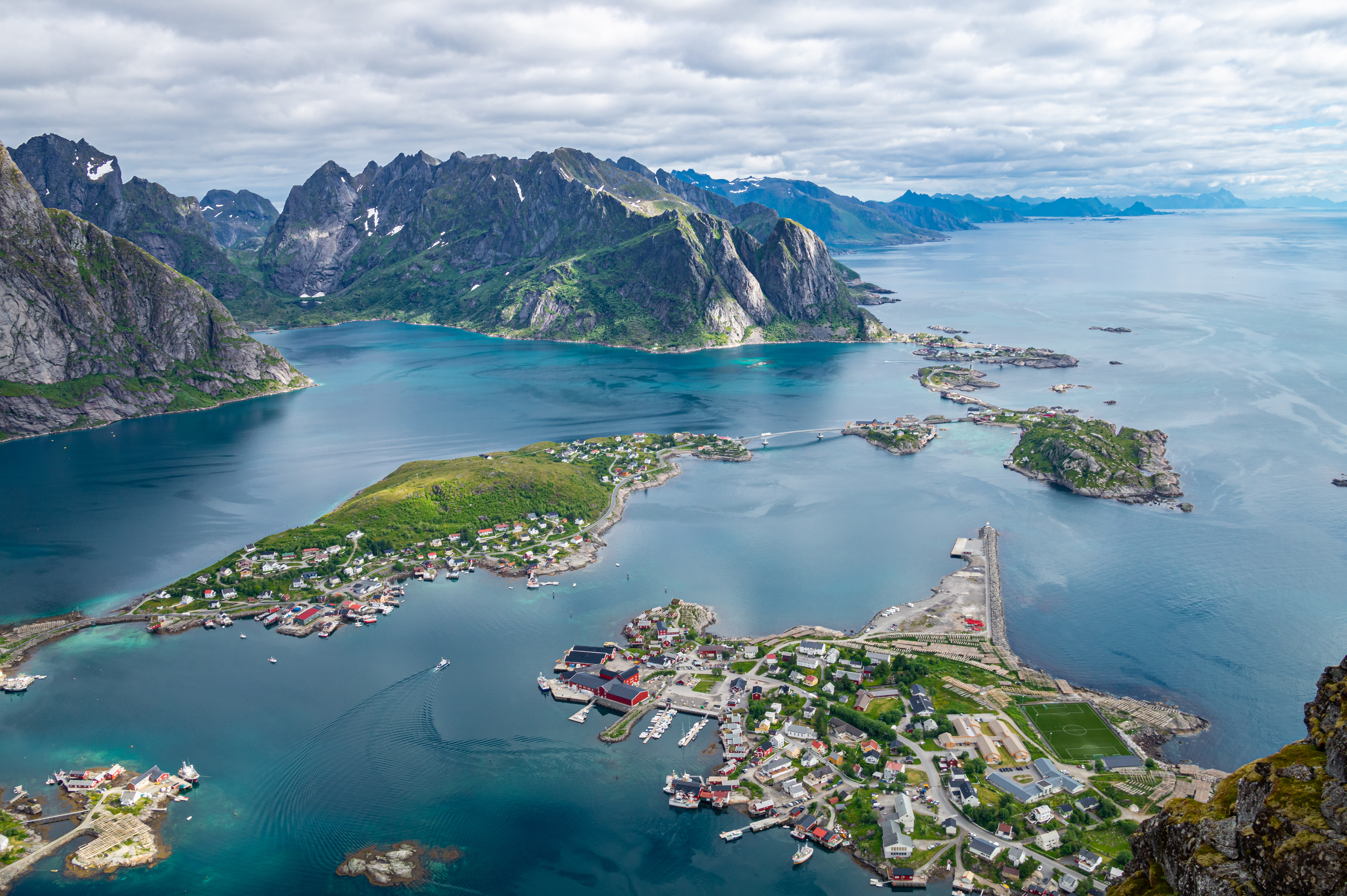 Looking down on Reine in Lofoten from the top of a nearby mountain