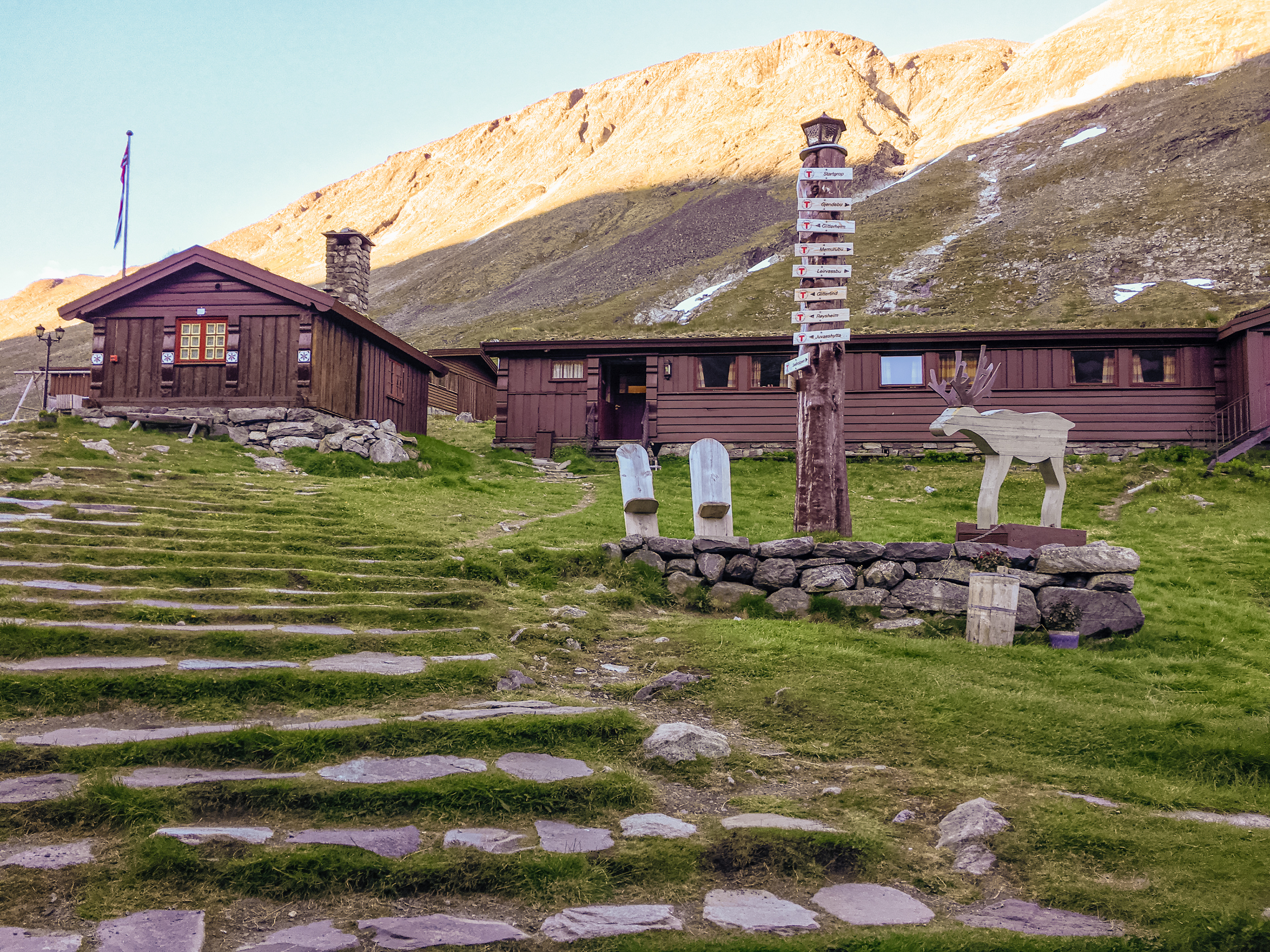 Spiterstulen cabins back down in the valley provide a welcome respite from a long day of hiking