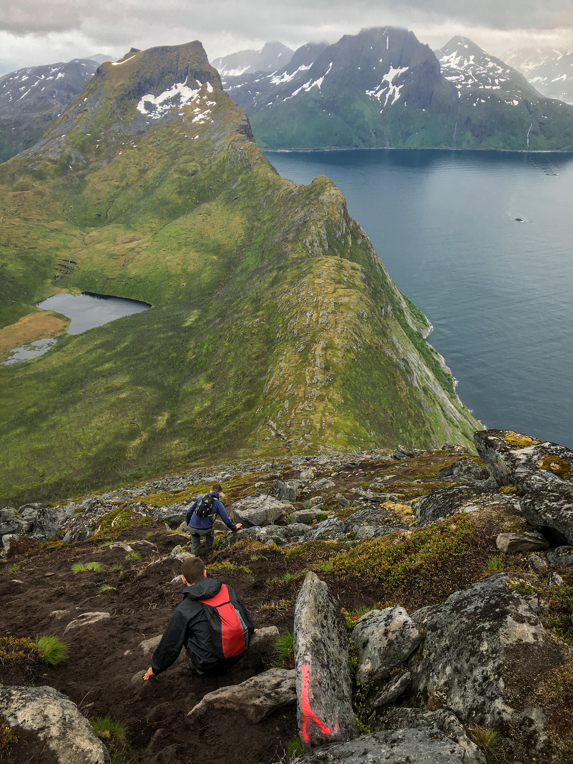 Nick and Rob making their way down from Segla, a steep hike in Senja