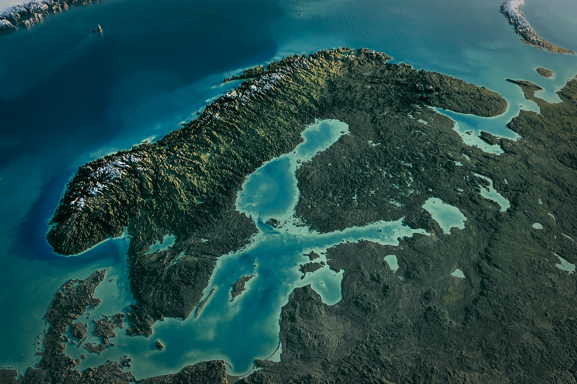 Exaggerated relief map of Scandinavia with Norway visible on the western, leftmost half