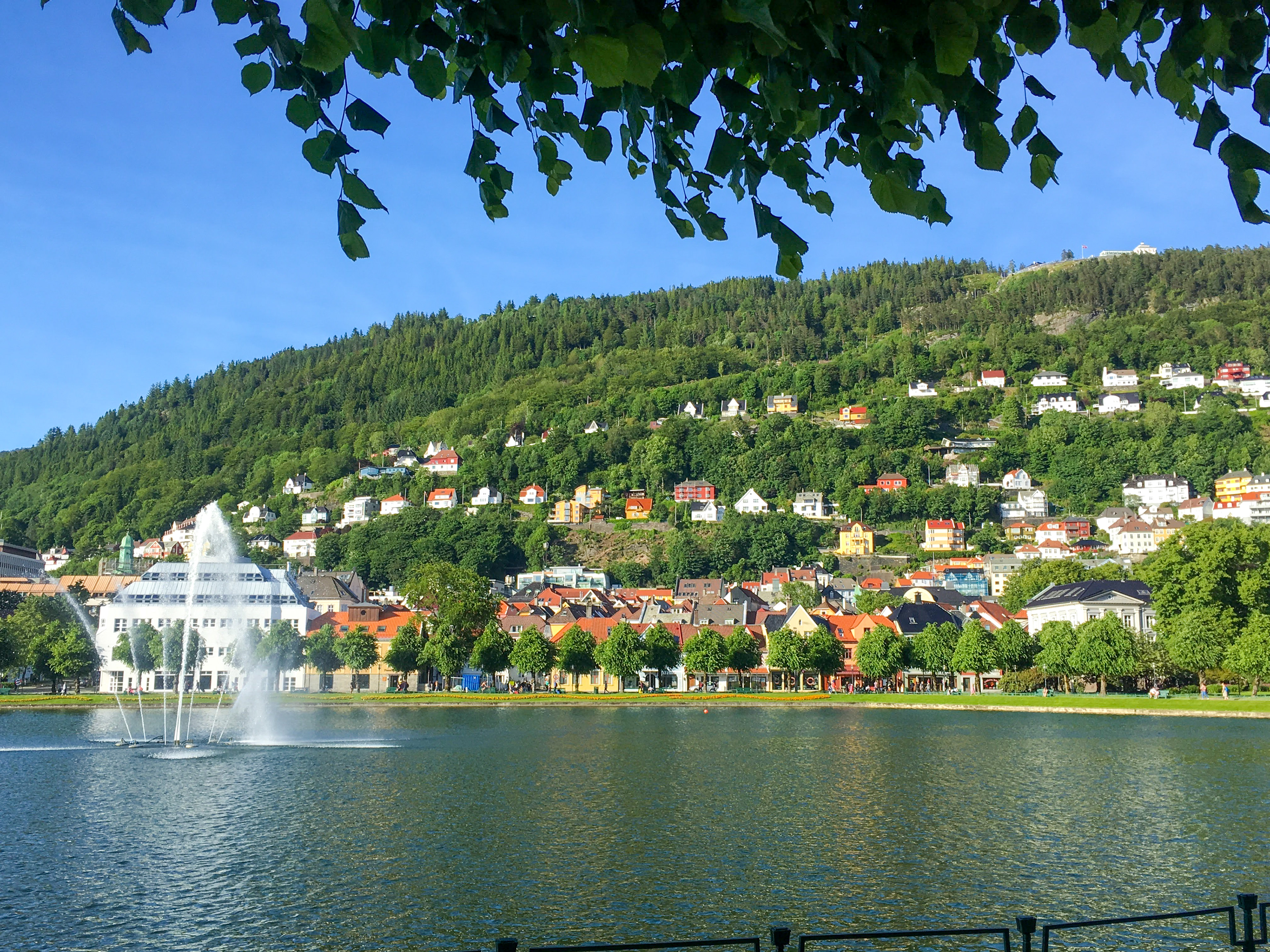 A water fountain in front of picturesque buildings in Bergen