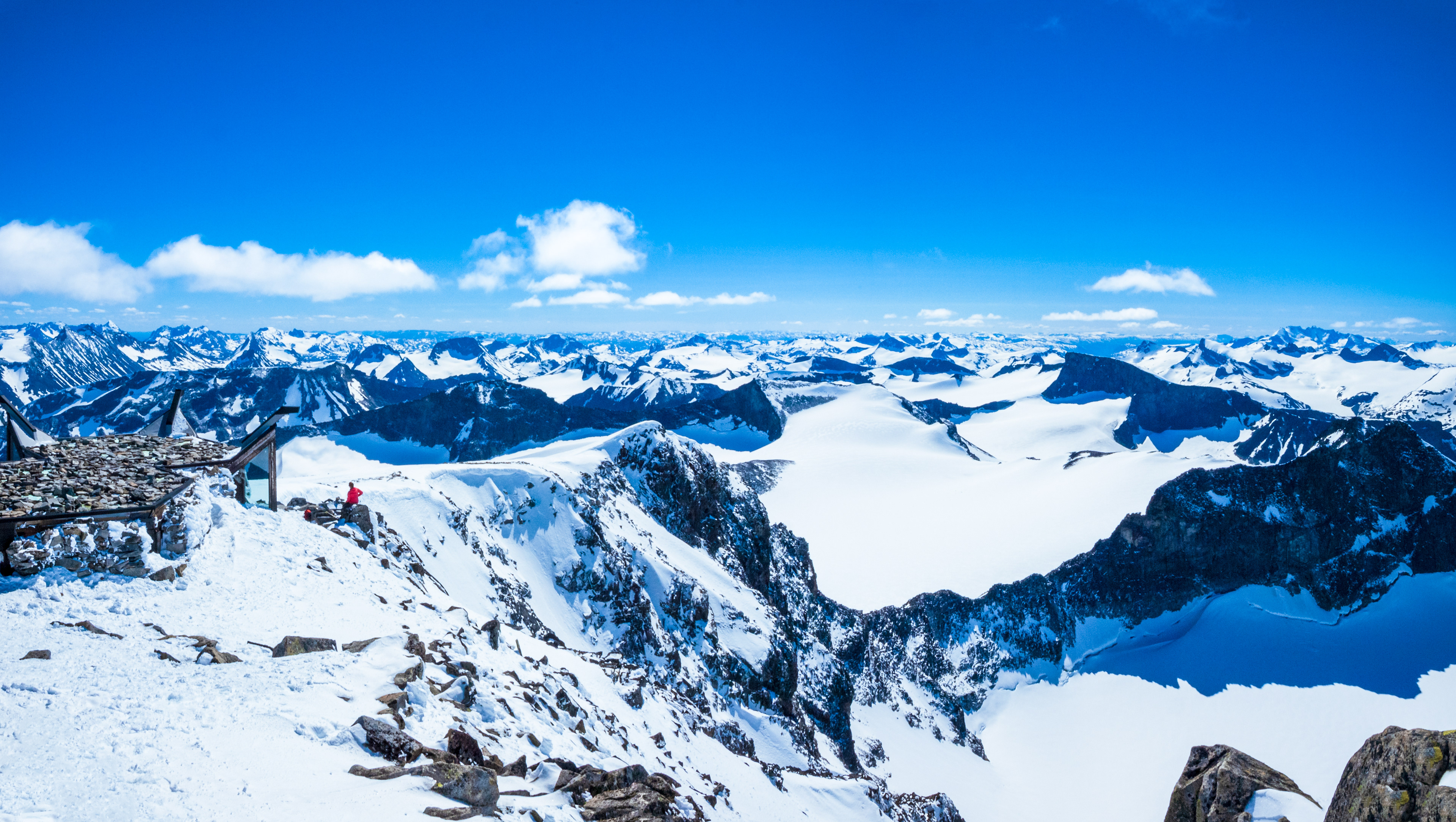 A panoramic view from the summit of Galdhøpiggen, the tallest mountain in Norway and Northern Europe (2,469m / 8,100 ft)