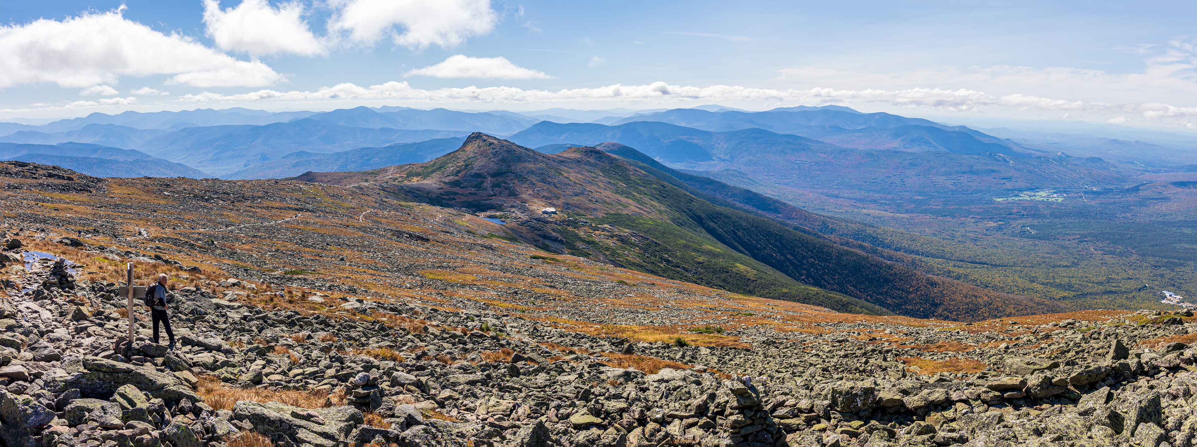 Looking down on the Lake of the Clouds Hut while hiking Mt Washington, New Hampshire