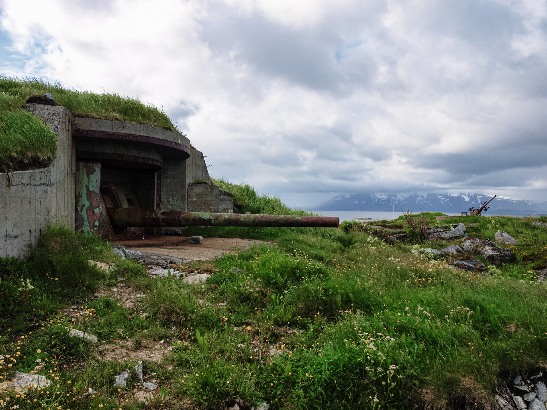 Several rusting old German artillery are visible at a WWII battery in Skrolsvik