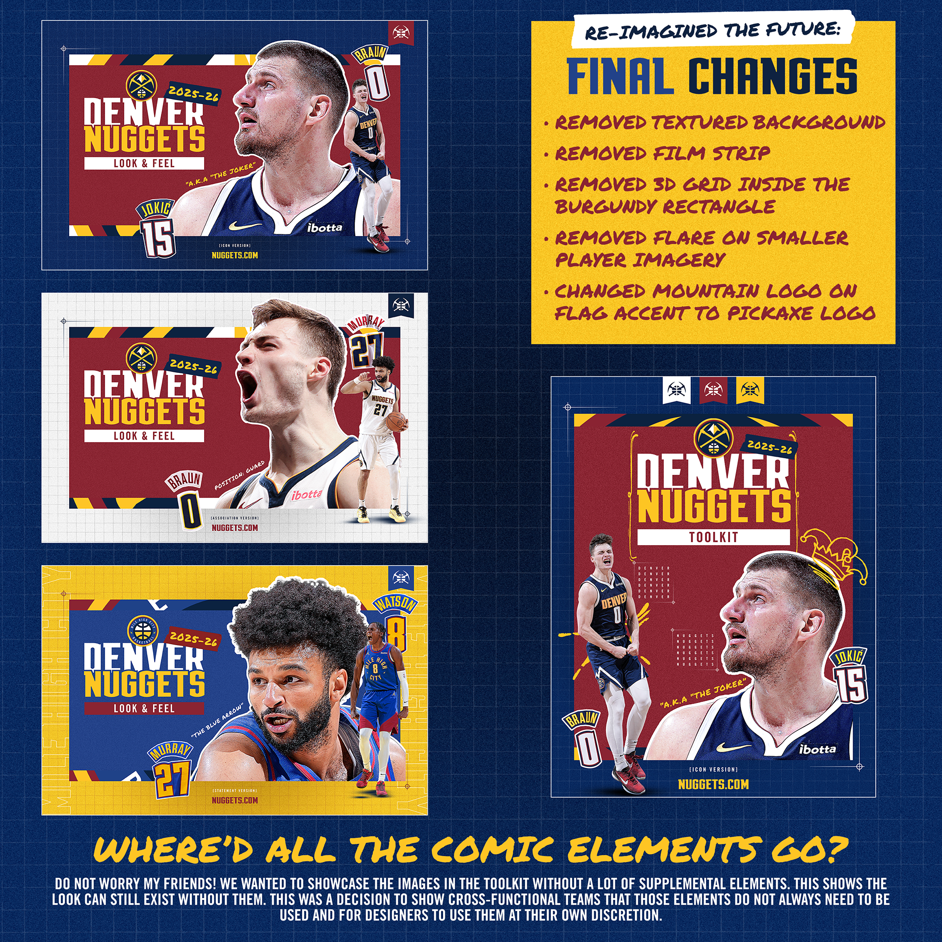 The meeting ended with a great deal of support for my proposal. I ended up going back-to-back on creative look and feels. Last year with the Avalanche, and now with the revamped Denver Nuggets. There were some small changes like getting rid of certain assets like the film strip, three-dimensional grid inside the rectangle and the removal of the lens flare. But those were anticipated, and once stripped away the look still had a lot of assets to work with. There was a little hesitation about this look working without the assets so when building the toolkit, I stripped away a lot of the vector elements, to show that this look can still be clean and focused like last year, but it can also be fun and energetic. There are over 60 different assets that designers and creators can use this season and I know that everyone is going to have a ton of fun creating. That was my main goal. I am very pleased with how last years look was re-imagined and I cannot wait to see if take form this season. 