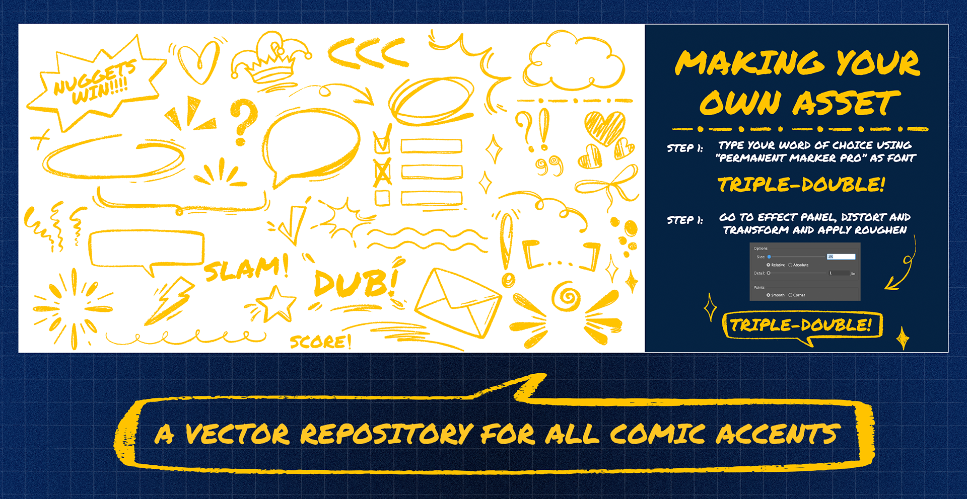 This page shows some of the assets that can be used this year in the official toolkit. I even created a how-to on the comic vector elements file, on how to create your own comic asset. This idea came as I was designing. I thought it would applicable to the social and game presentation teams to use throughout the season on a case-by-case basis. One night, Nikola Jokic might have 50 points, 30 rebounds, and 20 assists. It would be cool to incorporate that within the hand-drawn element of this look and feel. 