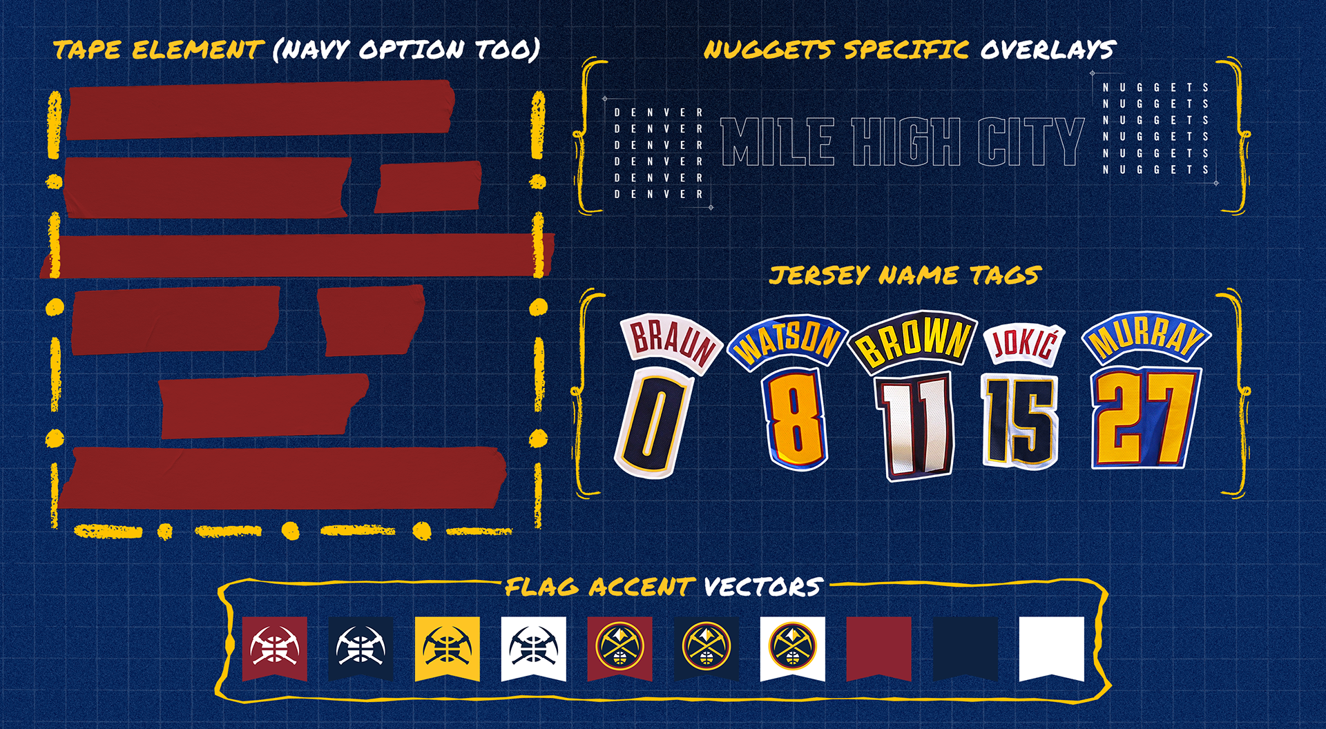 With multiple different tape options to choose from in both navy and burgundy colors to the multitude of different flag vector options, this look will never run out of creative options. There are vector specific Denver Nuggets elements and jersey name tags and numbers to choose from. I am especially proud of the jersey elements because instead of having the designers clip out jerseys throughout the season, I went ahead and cut out each players name and number for all four jerseys the Nuggets will wear this season and put them in the toolkit. This saves so much time but it also creates consistency as there won’t be any deviation away from these official approved jersey cut outs in the repository. 