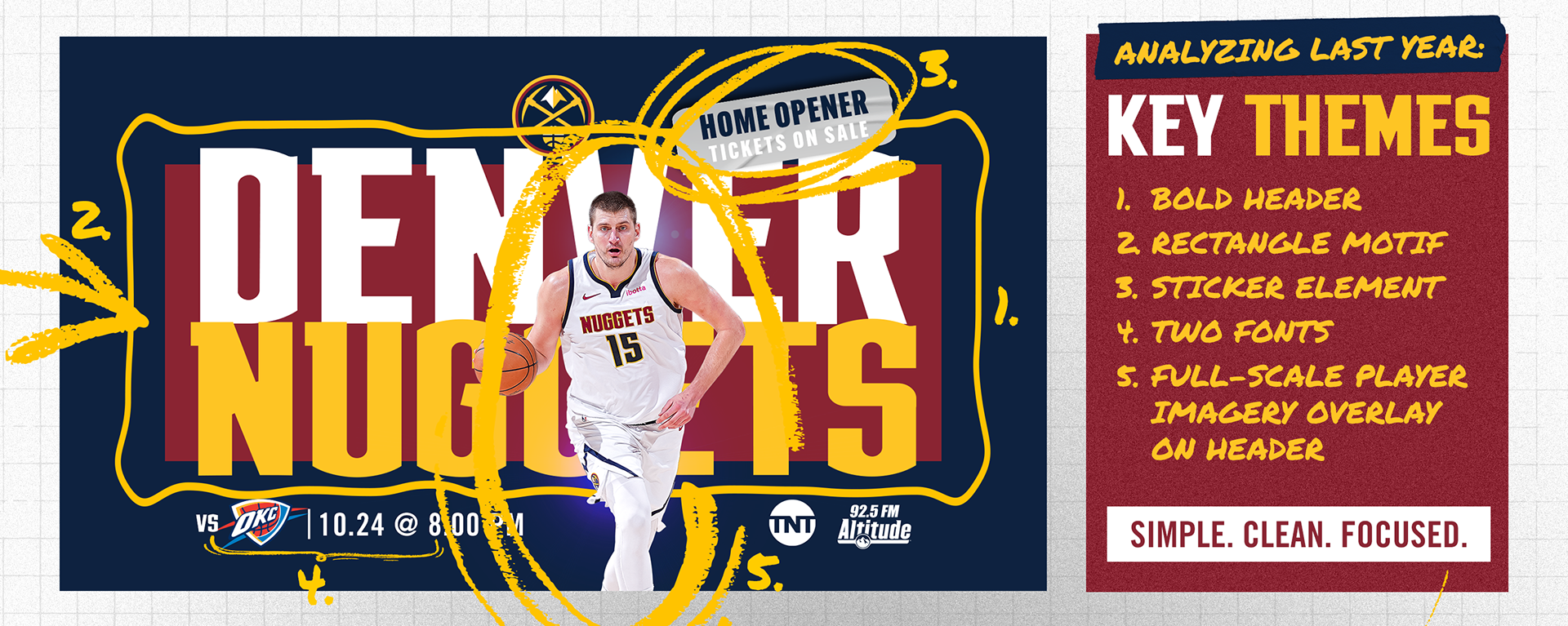 To re-imagine a look & feel, I had to dissect and reflect on last years. First, I cam up with stong, key themes that were prominent. The bold header, rectangle motif, sticker element, two fonts, and the full scale player imagery overlay on the header were all dominant aspects that made the look simple, clean and focused.  