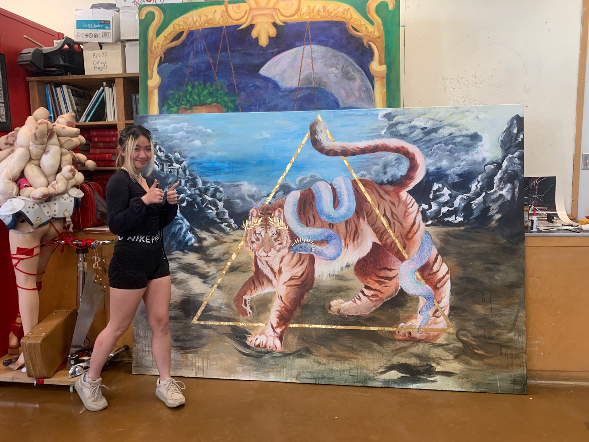A picture of the artist beside "Untitled" (artist is 5'2")