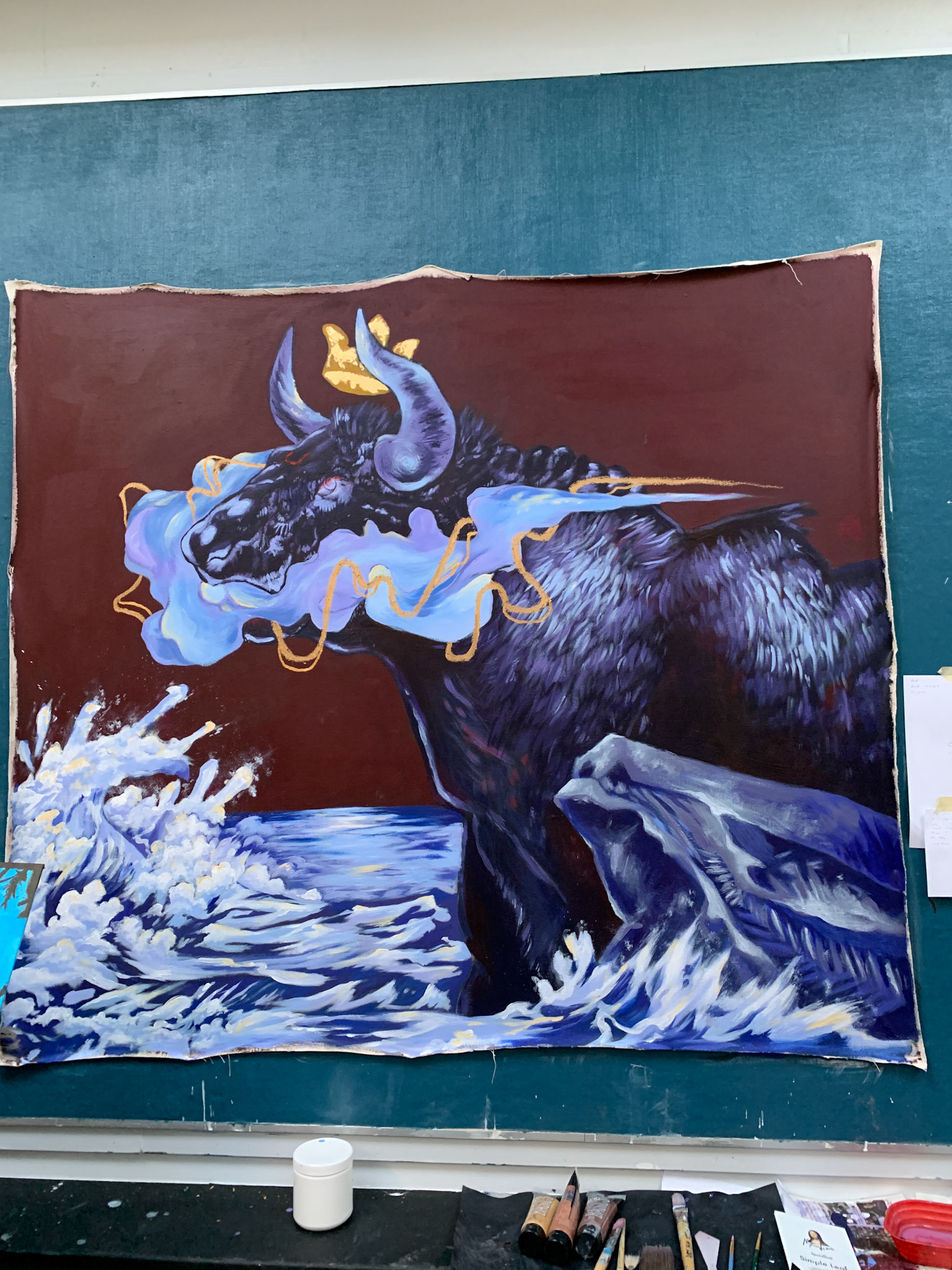 "King Haggard's Bull" 2020-2021 | Acrylic paint, oil paint crayon, gold leaf