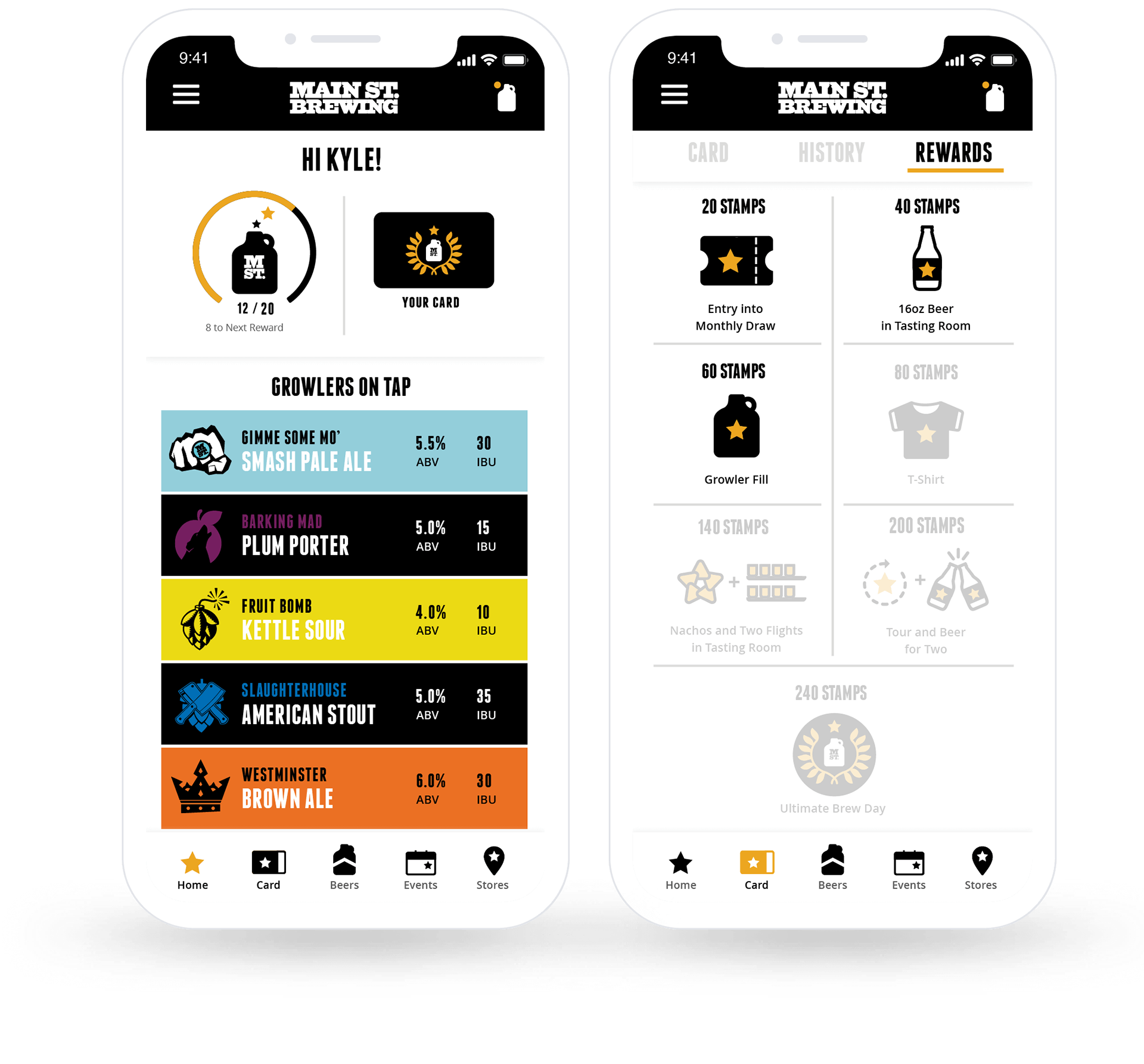 Mockup of Main Street Brewing app screens