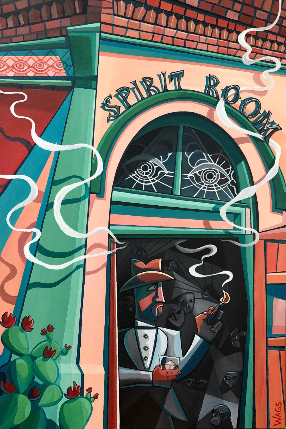 A cowboy drinking whiskey and smoking a cigar in the doorway of a haunted room.