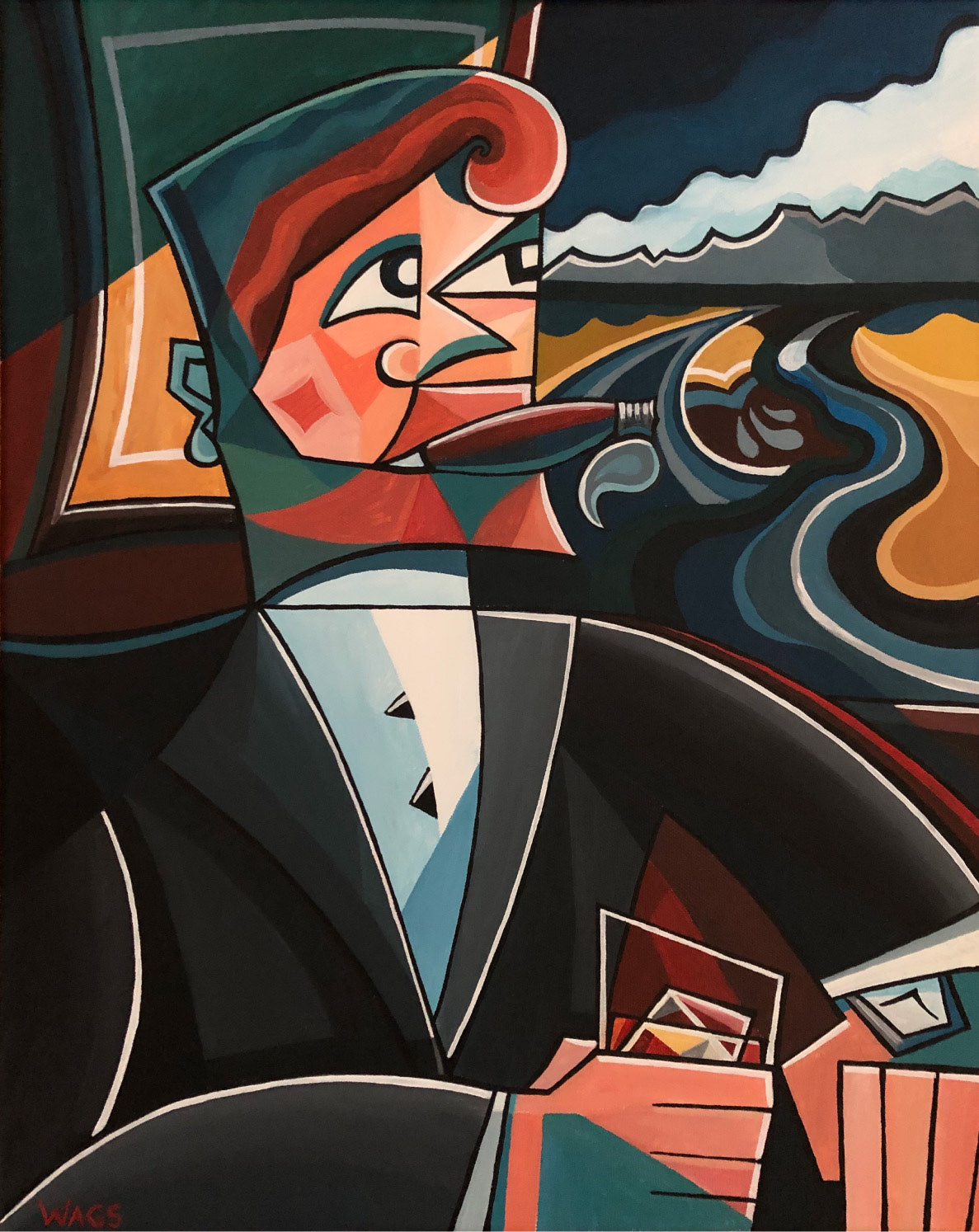 A man sits in front of a window with a cigar in his mouth and a whiskey in hand.