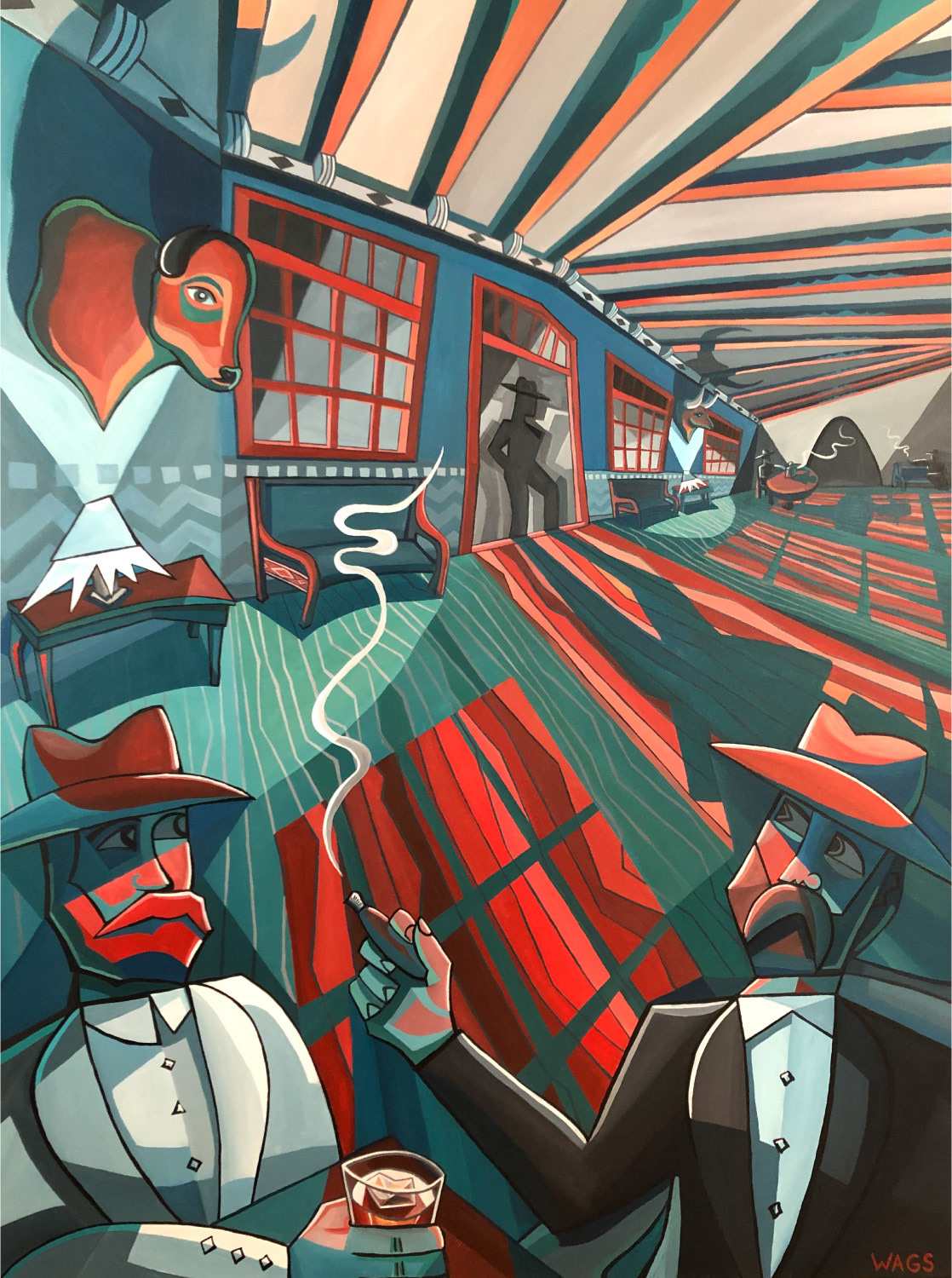 Two cowboys enjoying whiskey and cigars in a haunted saloon where a mysterious stranger stands in the doorway.