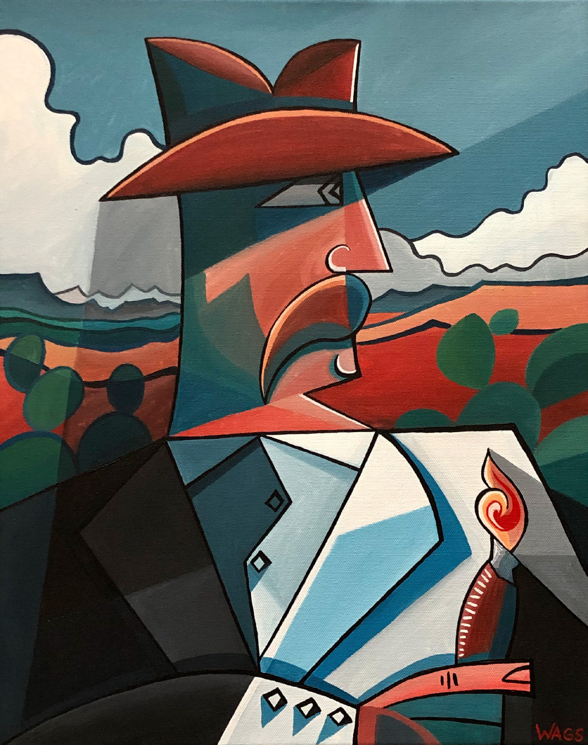 A man holding a cigar gazes into the desert looking for a place to build an oil well.