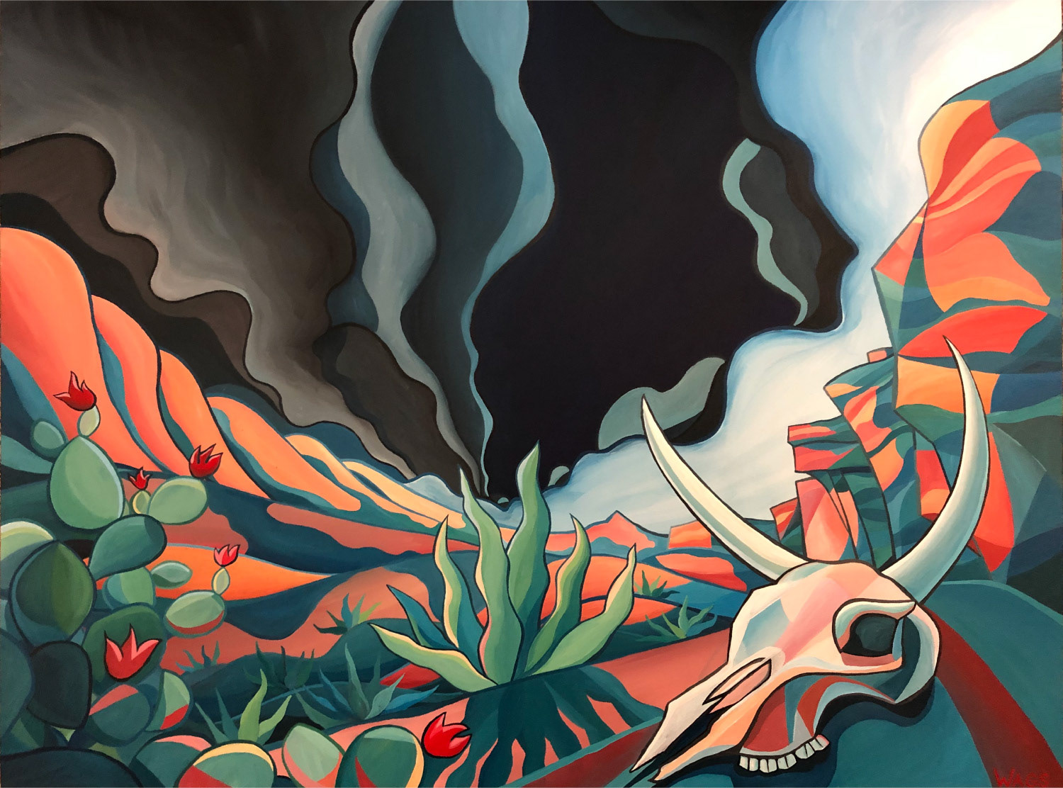 A skull sits in the middle of a desert where a storm is approaching.