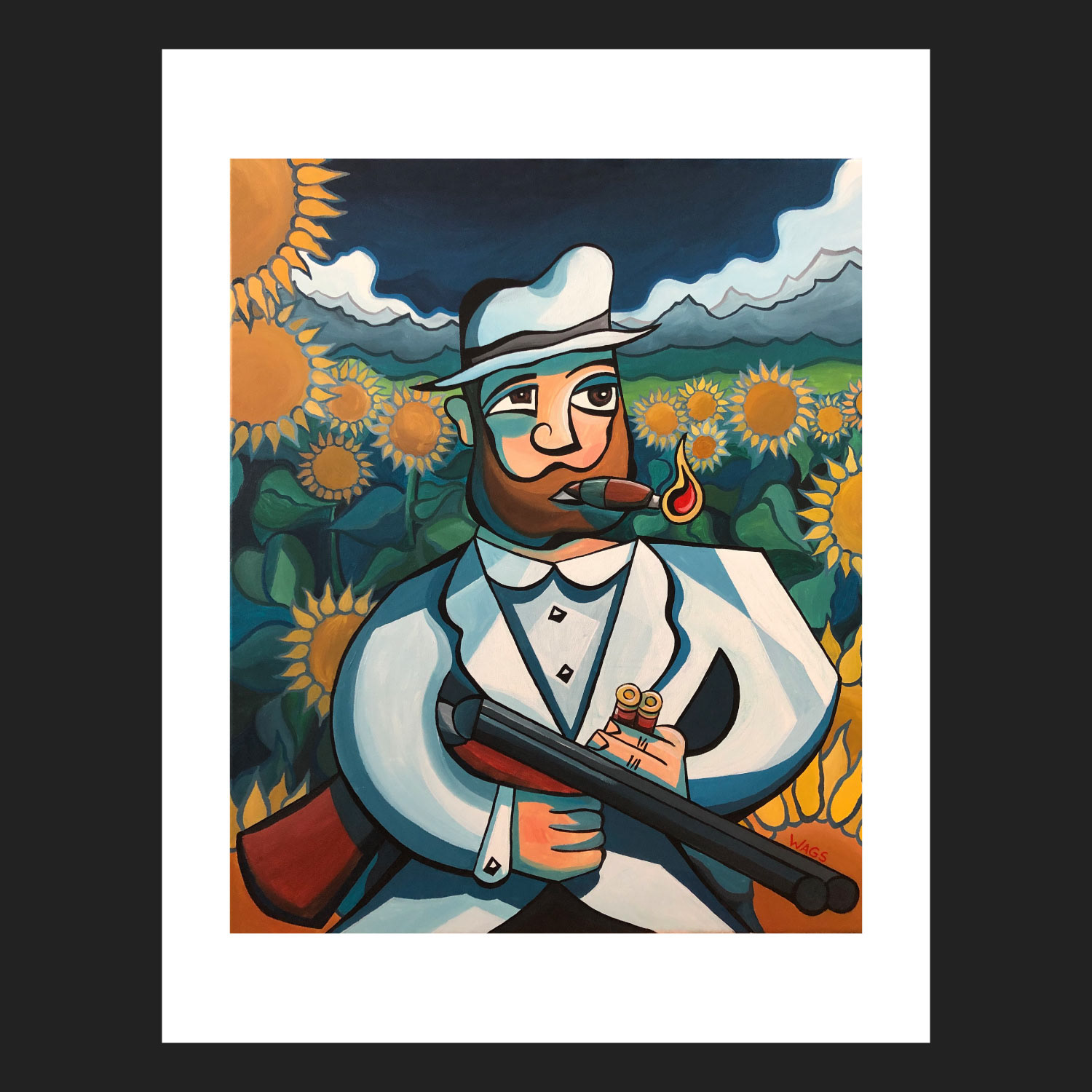 A man holding a shotgun and smoking a cigar is standing in a field of sunflowers with mountains in the background.